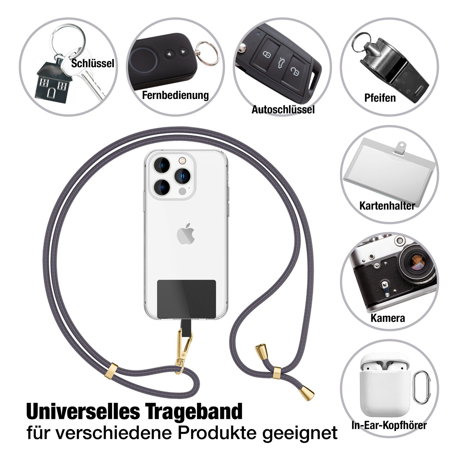 iPhone mit Lanyard und anderen Gegenständen wie Schlüsseln, Kopfhörern, Kamera und Pfeife.