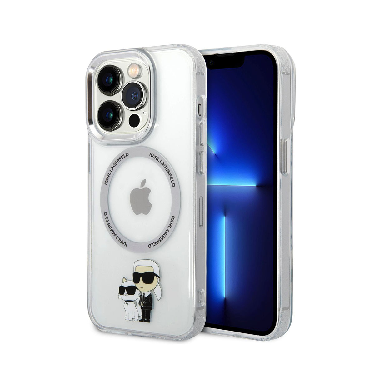 iPhone mit klarer Hülle. Die Hülle hat Karl Lagerfeld und Katzendesign. Der Hintergrund ist weiß.