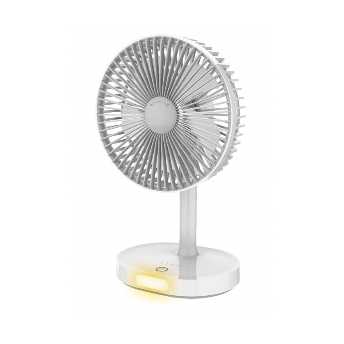 Weißer Schreibtischventilator mit grauen Blättern. Kreisförmiges Design, beleuchteter Sockel.