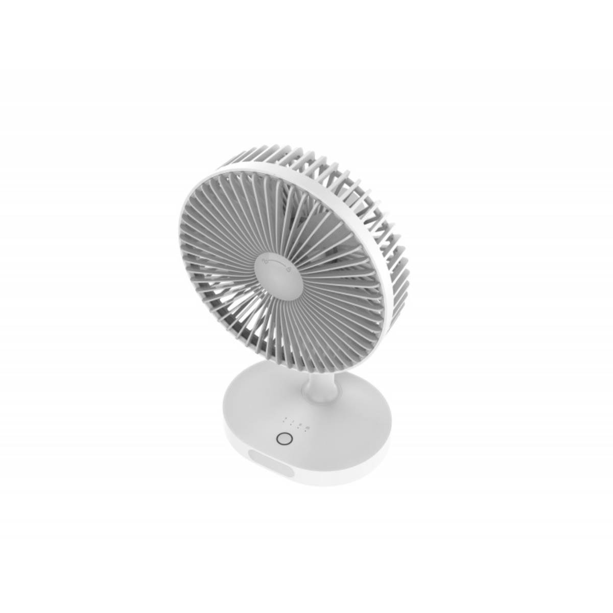 Weißer Schreibtischventilator, kreisförmiges Design mit grauen Blättern, schräge Ansicht.