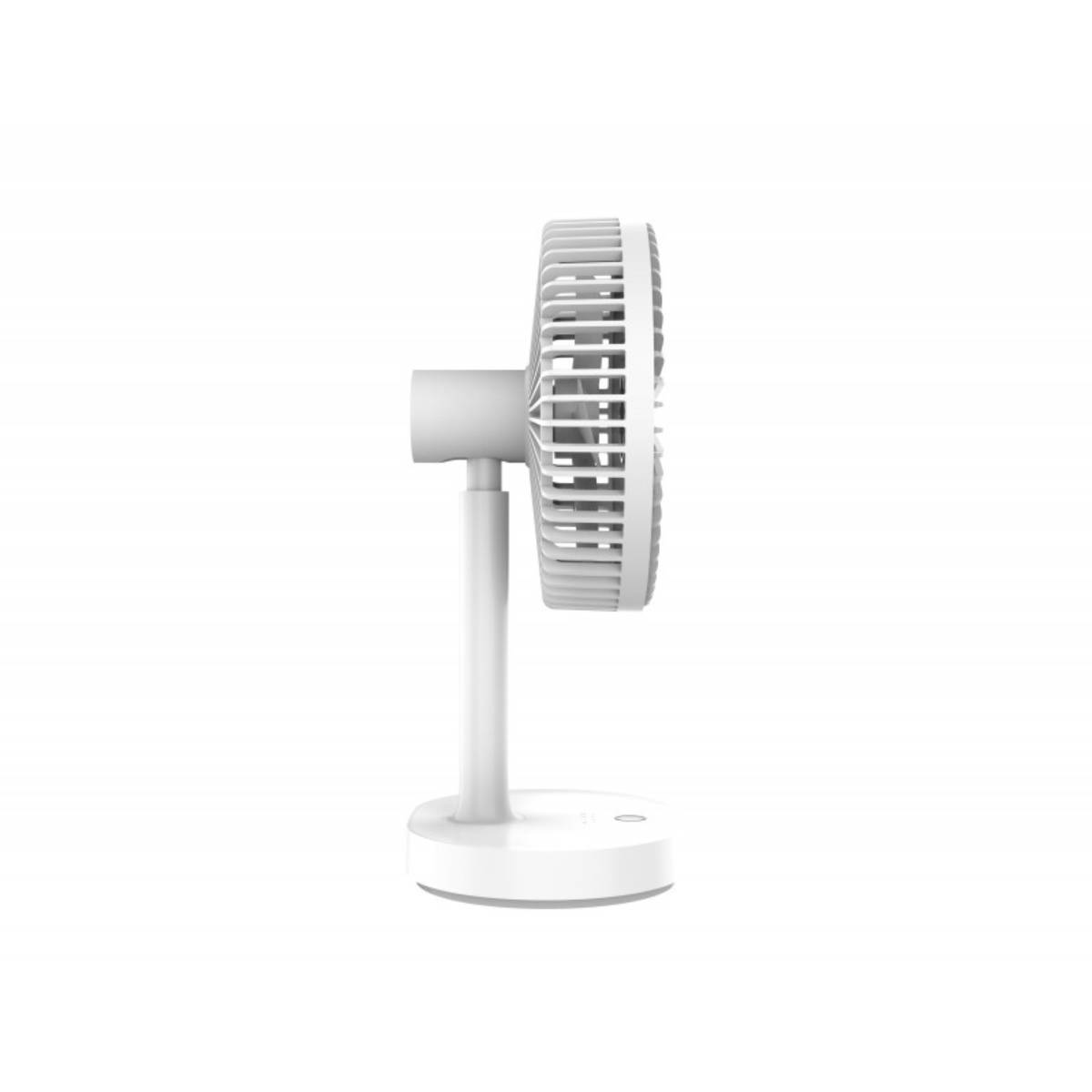 Weißer Schreibtischventilator, Seitenansicht, auf einem Ständer mit kreisförmigem Sockel.
