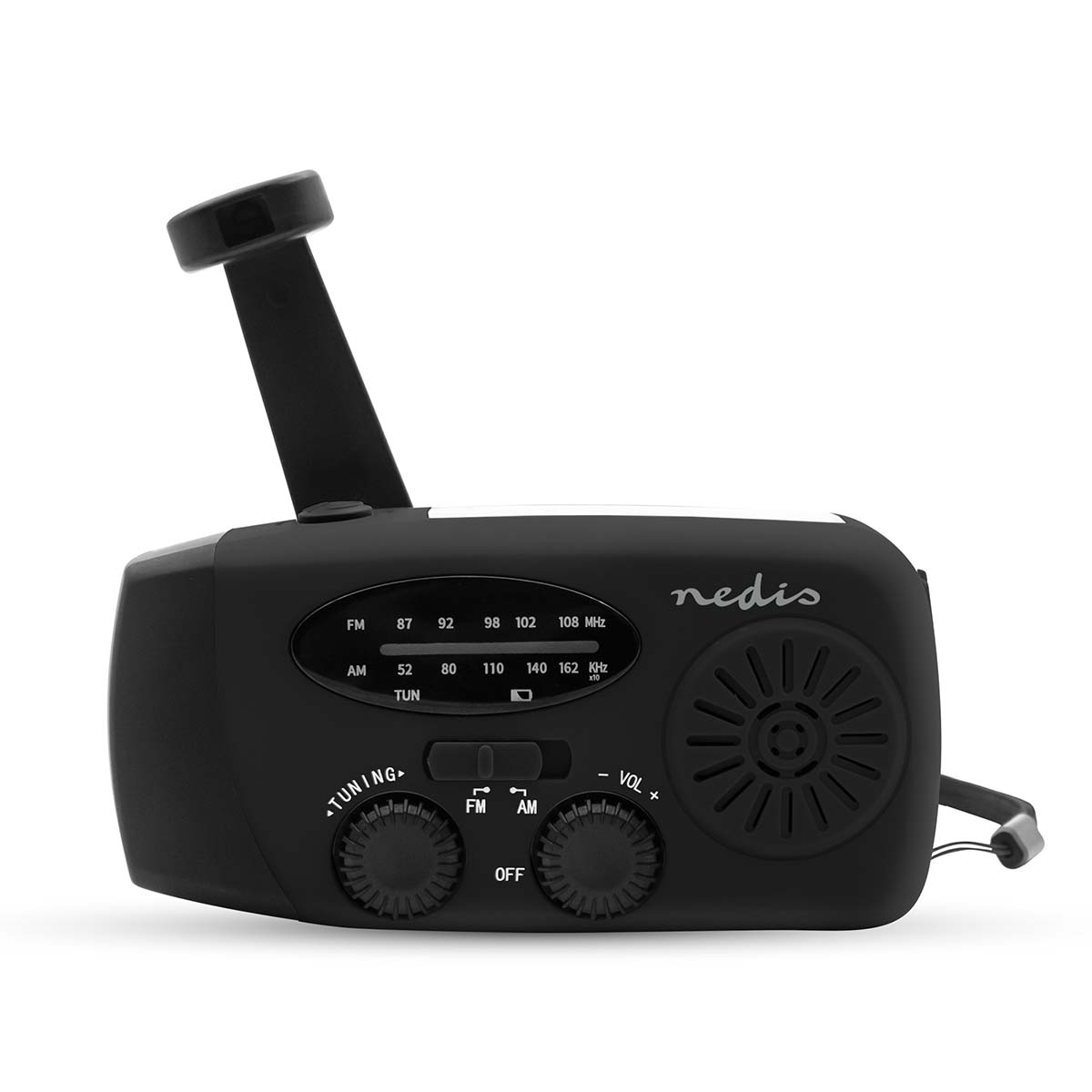 Radio nera con manovella, manopole di sintonizzazione e altoparlante, su sfondo bianco.