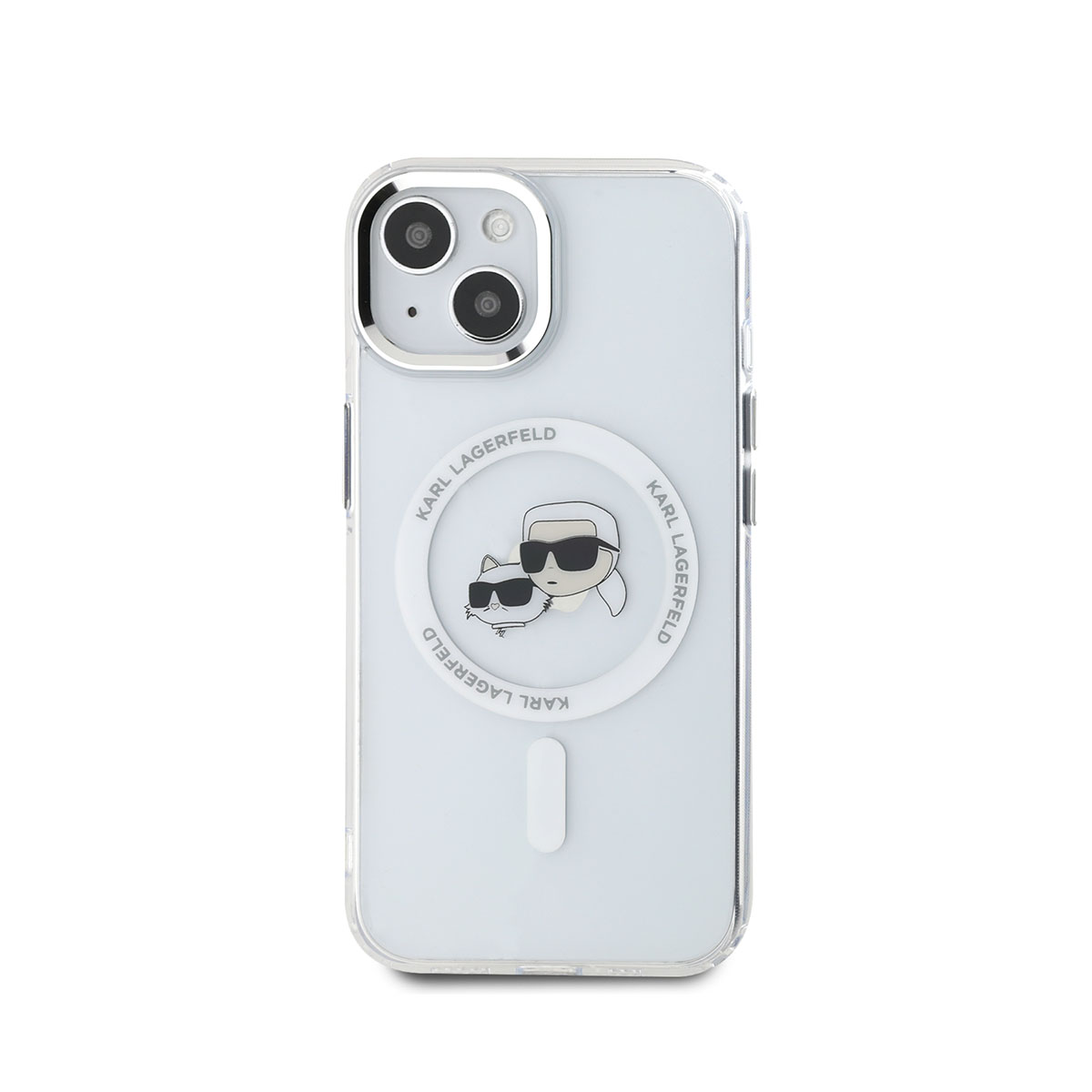 Custodia per telefono azzurra con logo Karl Lagerfeld. C'è un gatto e un uomo.