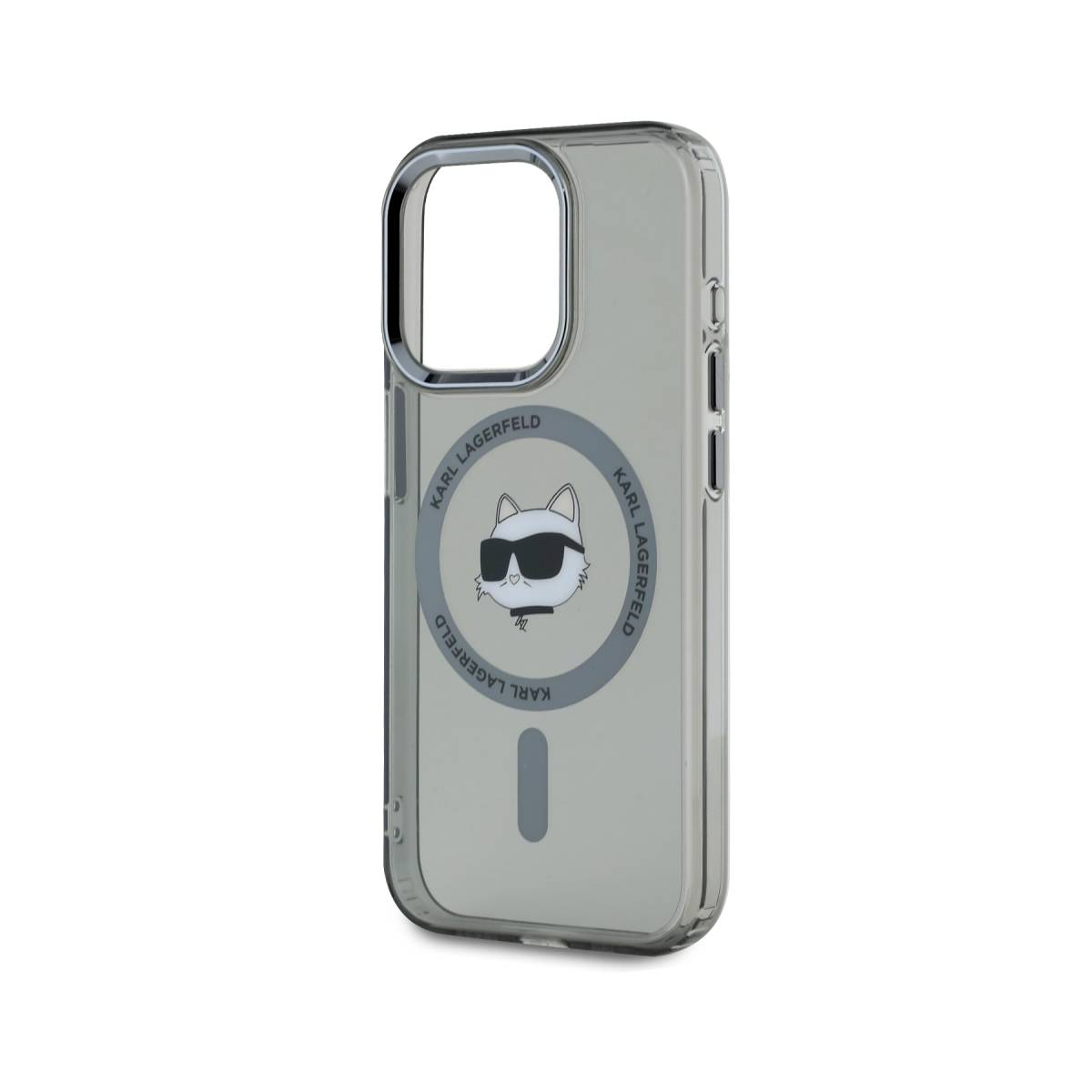 Una custodia grigia per telefono con design a gatto Karl Lagerfeld con occhiali da sole.