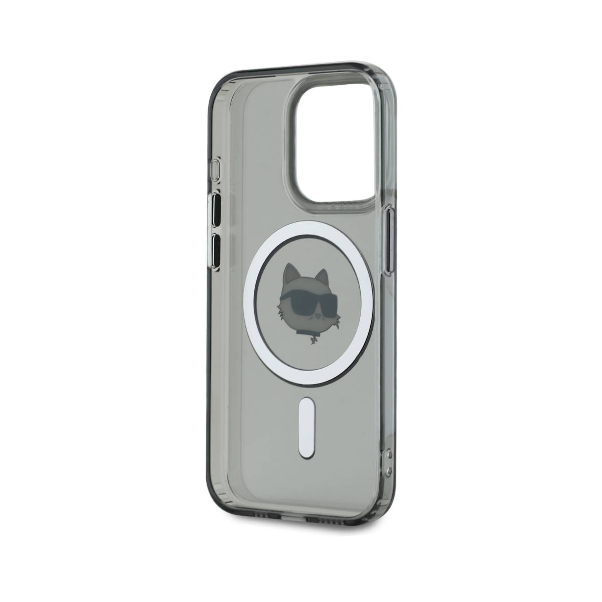 Custodia trasparente per telefono con logo a forma di gatto e anello fotocamera nero.