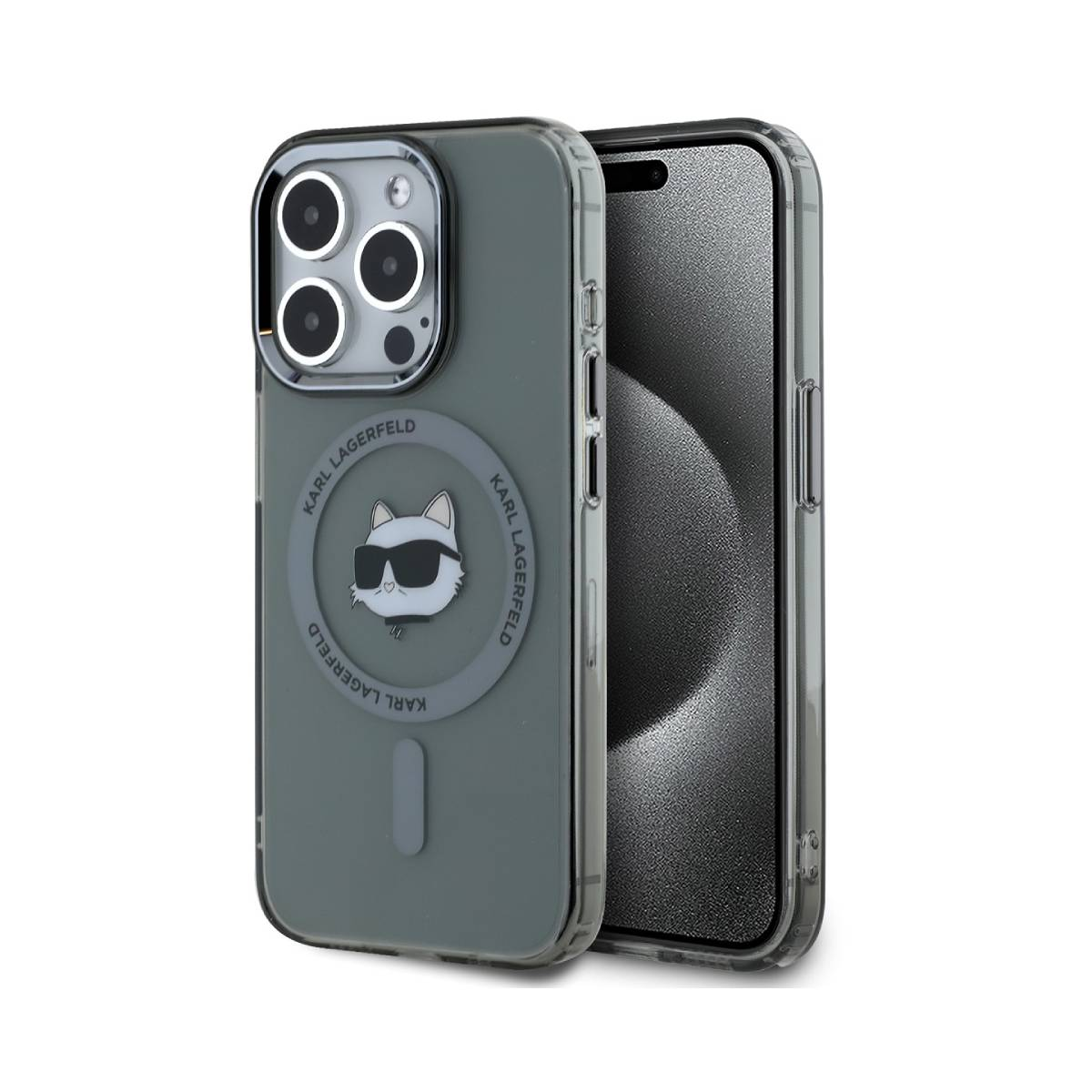 Una custodia grigia per telefono con design a gatto Karl Lagerfeld e occhiali da sole, con telefono.