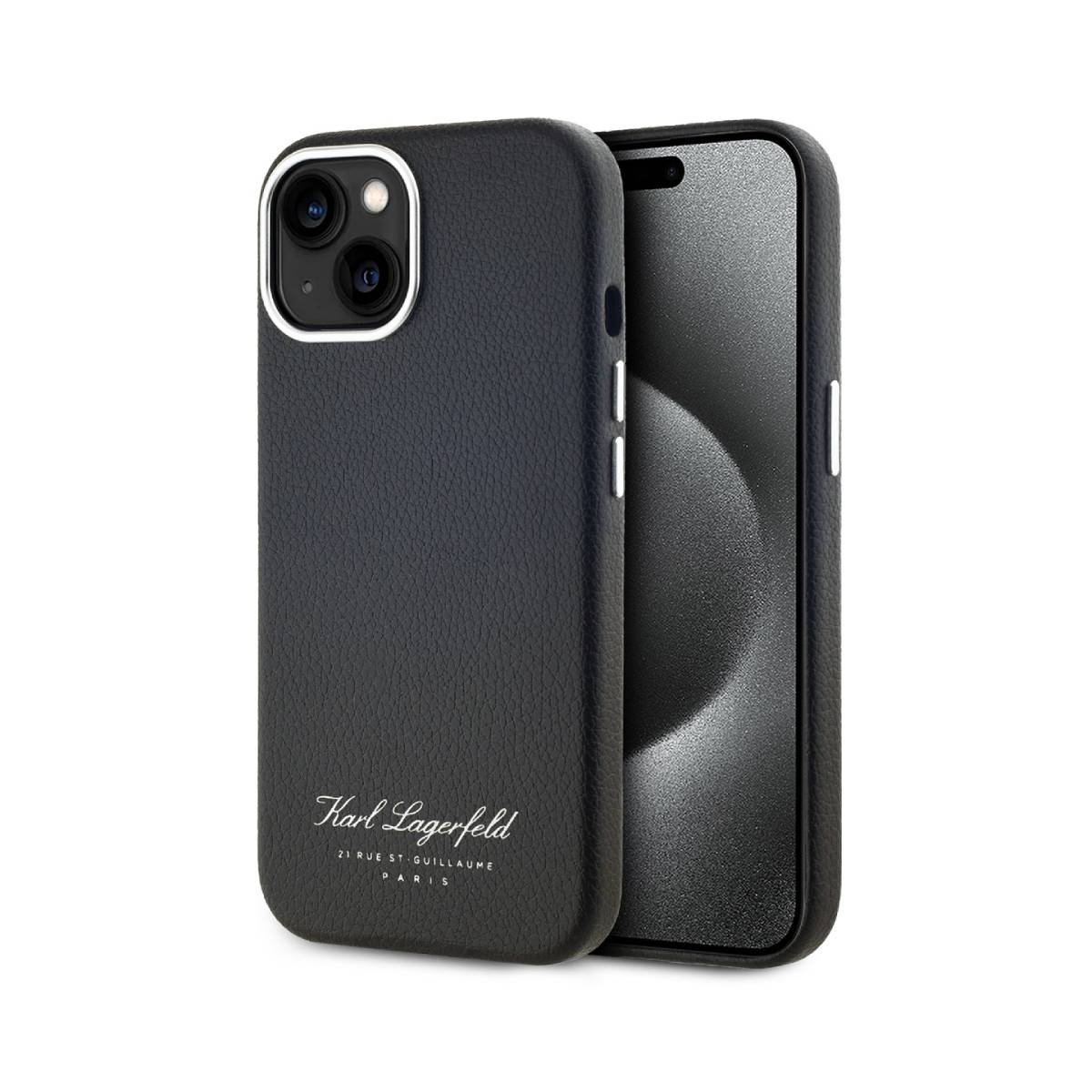 Karl Lagerfeld markalı ve bir telefonlu siyah deri telefon kılıfı.