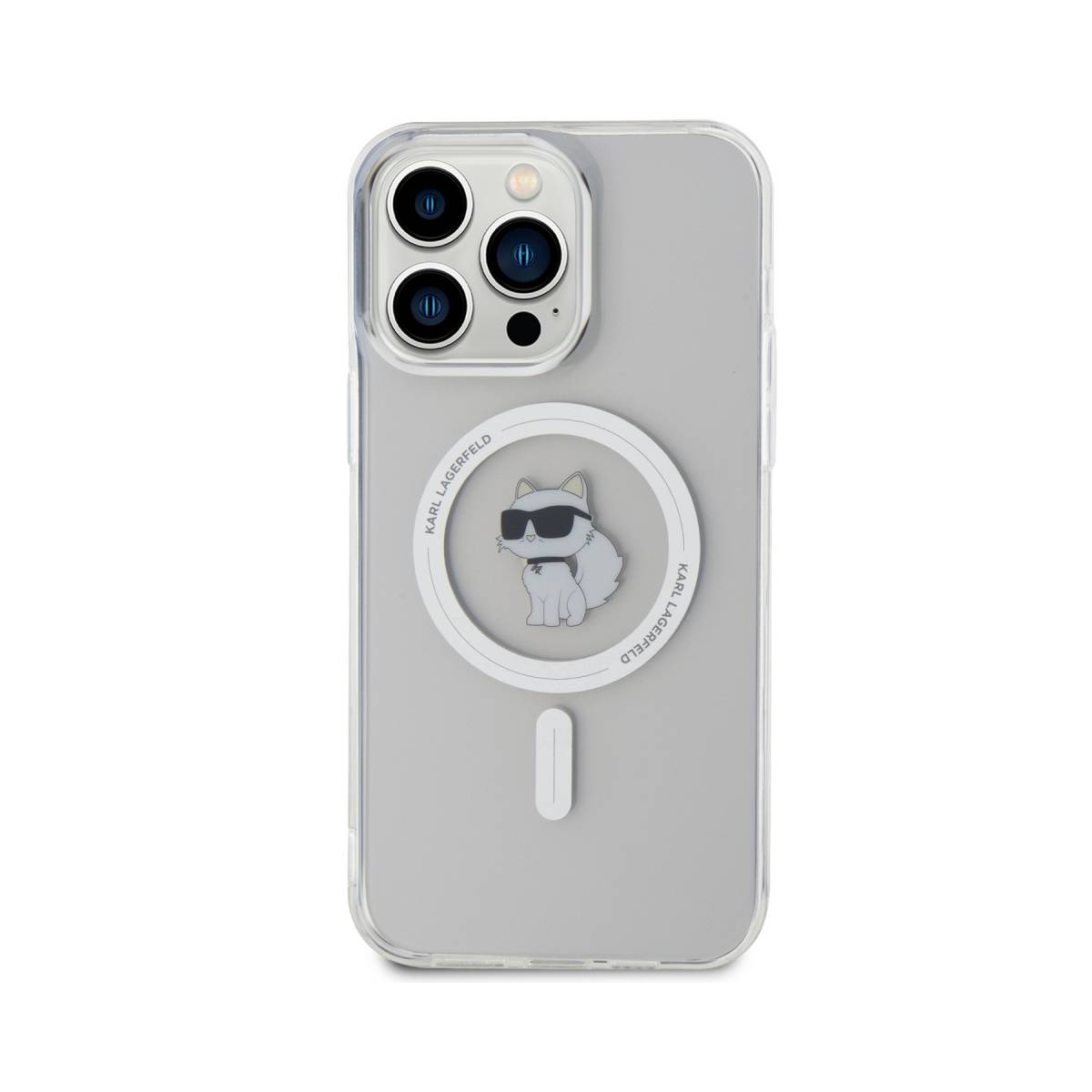 Transparente Handyhülle mit Karl Lagerfeld Katzenlogo. Das Telefon hat drei Kameras auf grauem Grund.