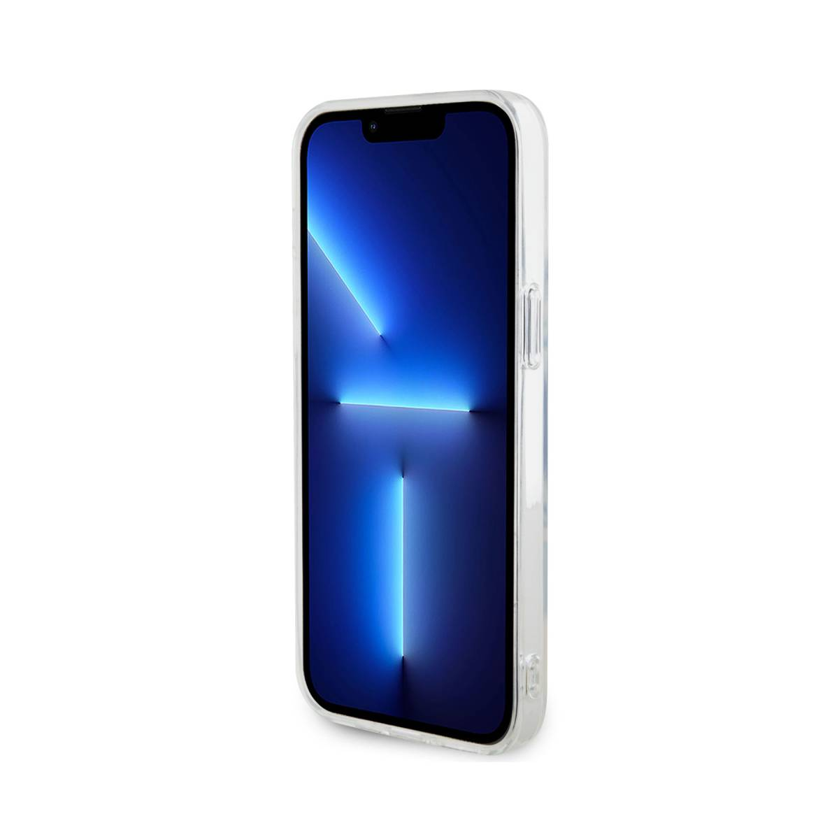 Ein Telefon mit blauem Bildschirm in einer transparenten Hülle, vor weißem Hintergrund.