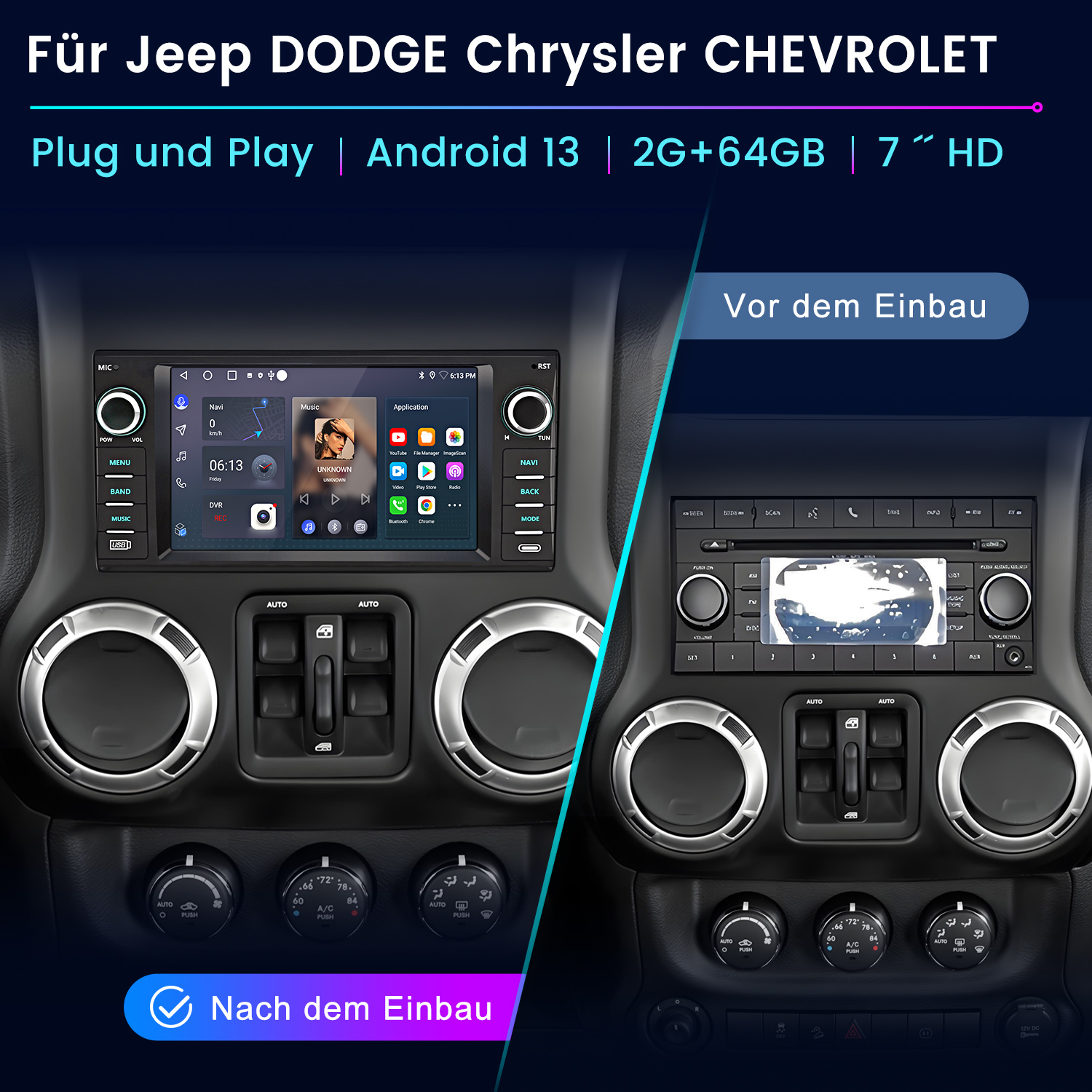 Autoradio-Bildschirm mit Details zur Installation und Vorher-Nachher-Vergleich.