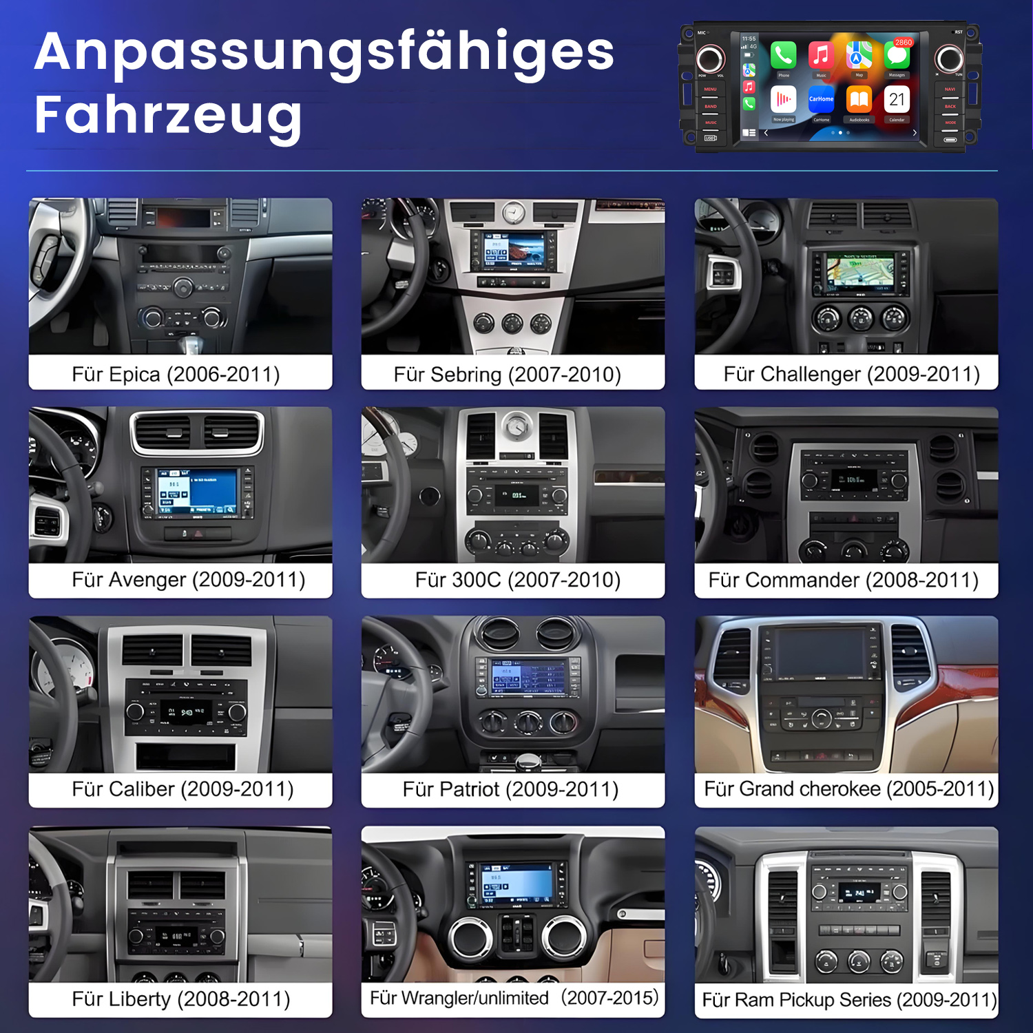 Autoradio-Bildschirm mit kompatiblen Automodellen, verschiedene Autointerieurs.