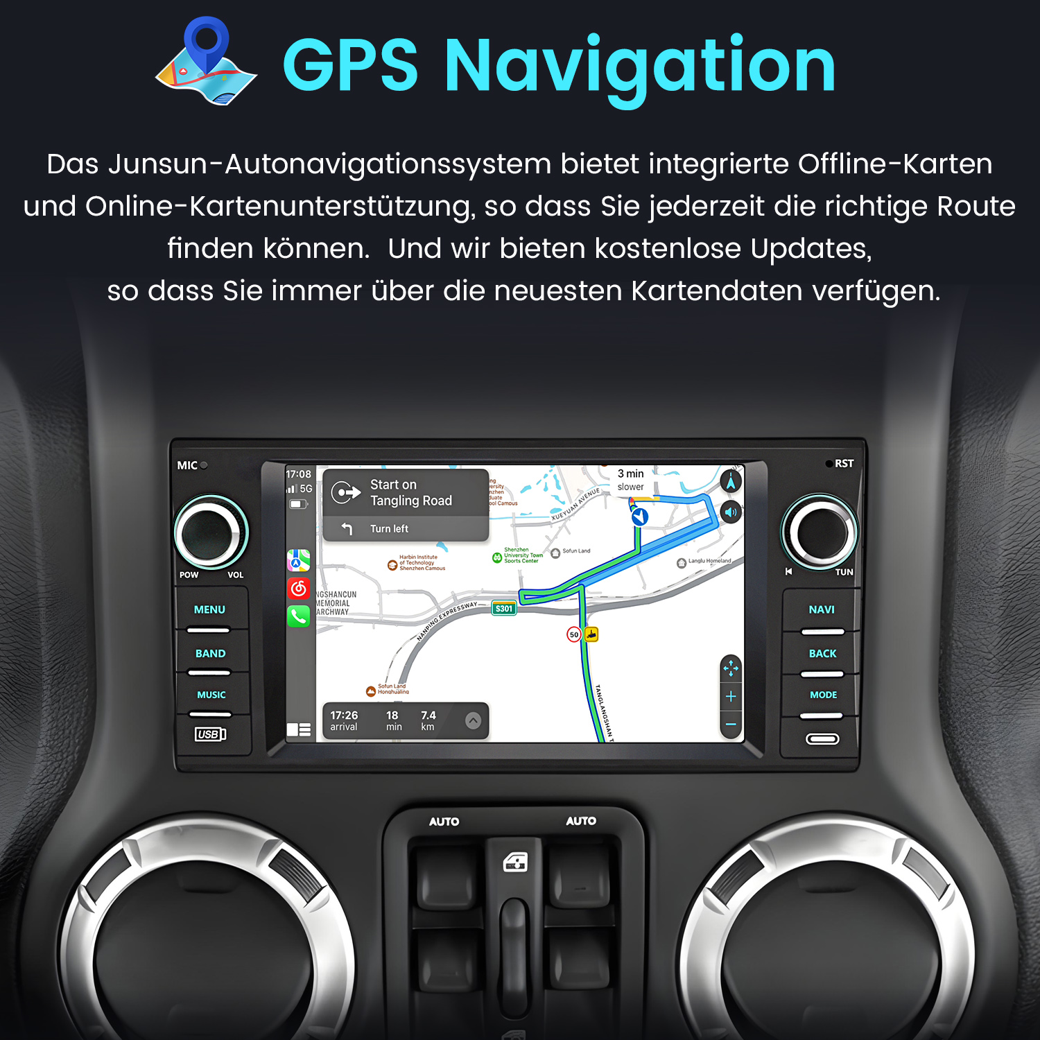 Autoradio-Bildschirm mit einer Karte mit GPS-Navigation, der die Route mit Wegbeschreibungen anzeigt.