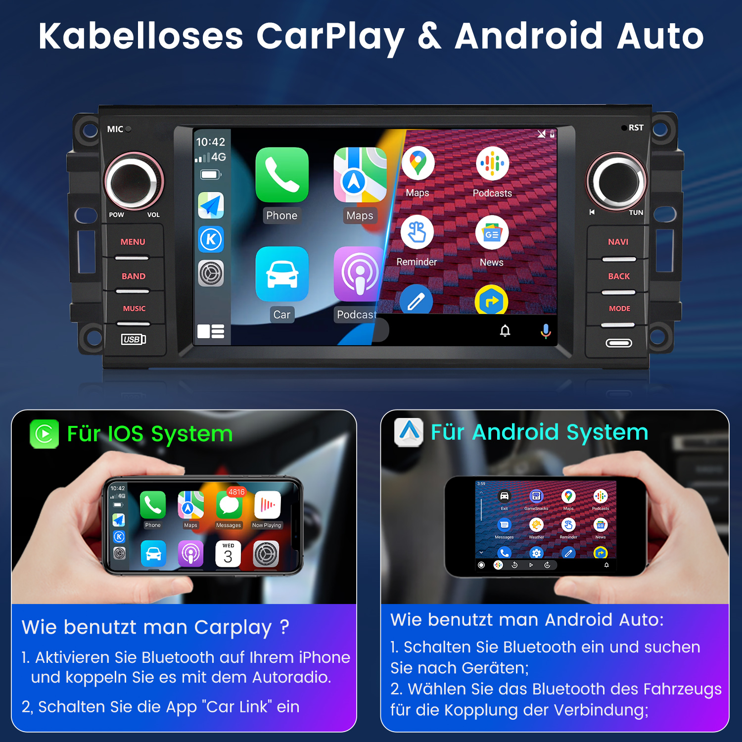 Autoradio-Bildschirm mit App-Symbolen, der zeigt, wie CarPlay und Android Auto verwendet werden, mit zwei Handys.