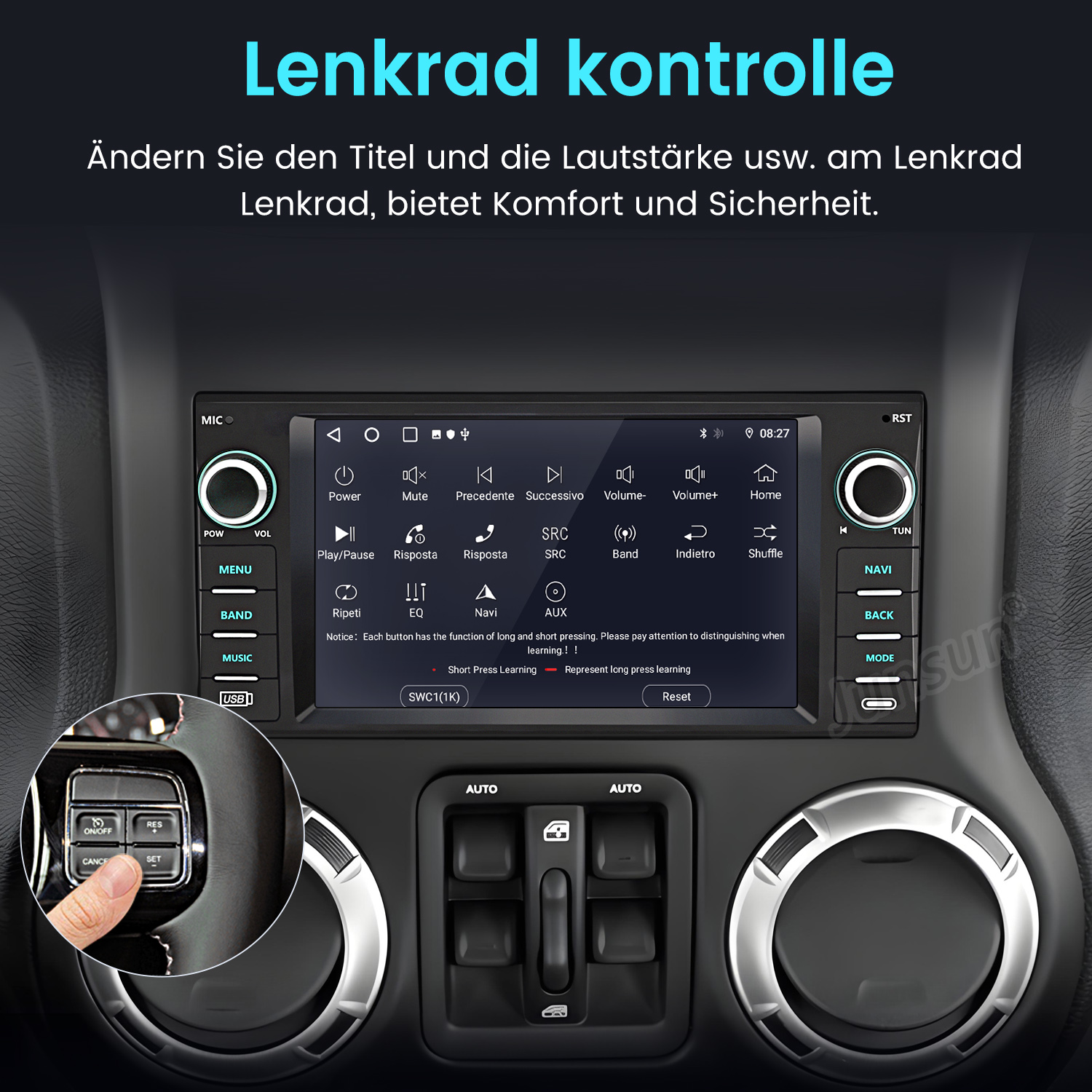 Autoradio mit Display, das Musiksteuerungen, Knöpfe und eine Hand zeigt, die eine Taste zum Einstellen berührt.