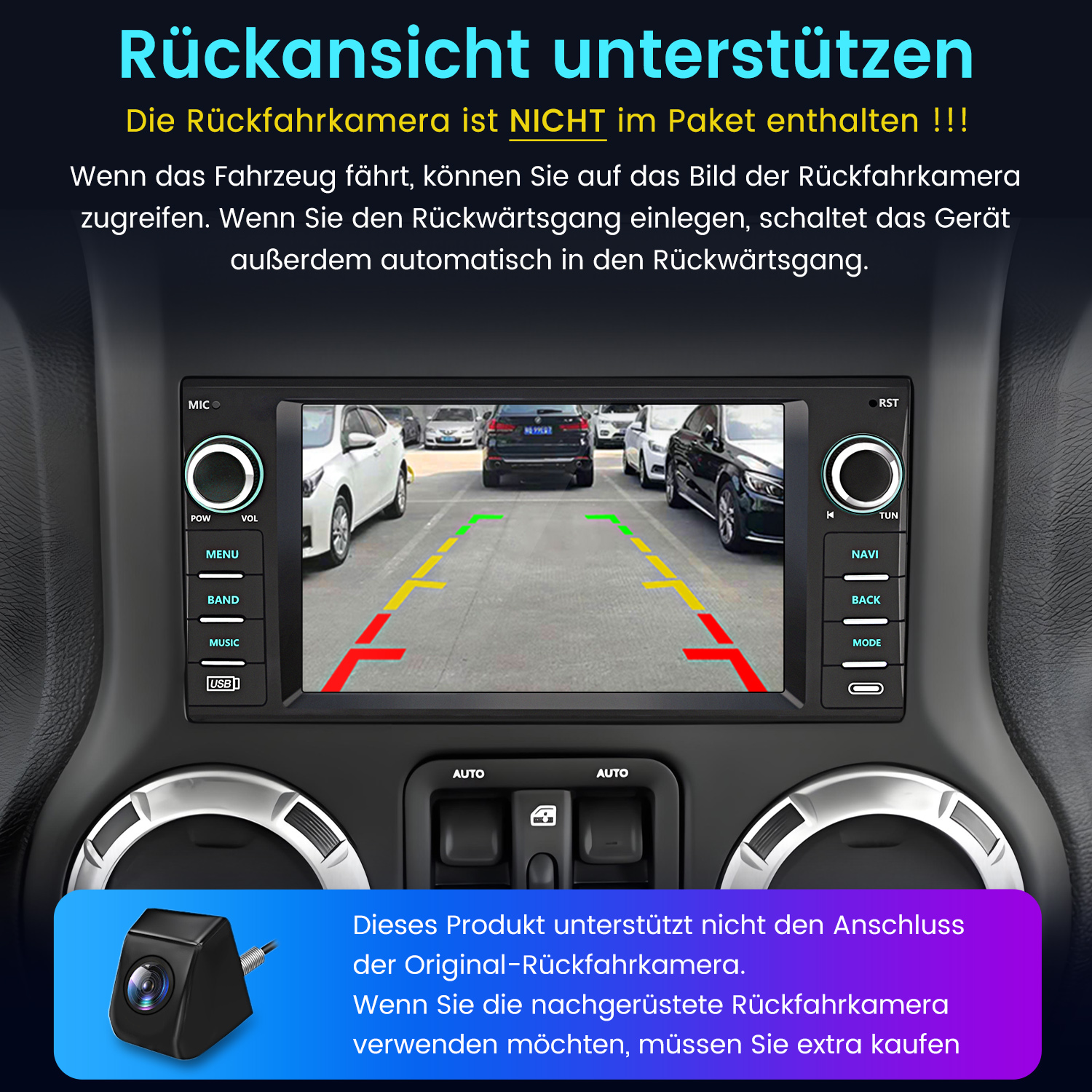Bildschirm des Auto-Monitors, der eine Rückfahrkameraansicht mit Parklinien zeigt, umgeben von Tasten und Bedienelementen.