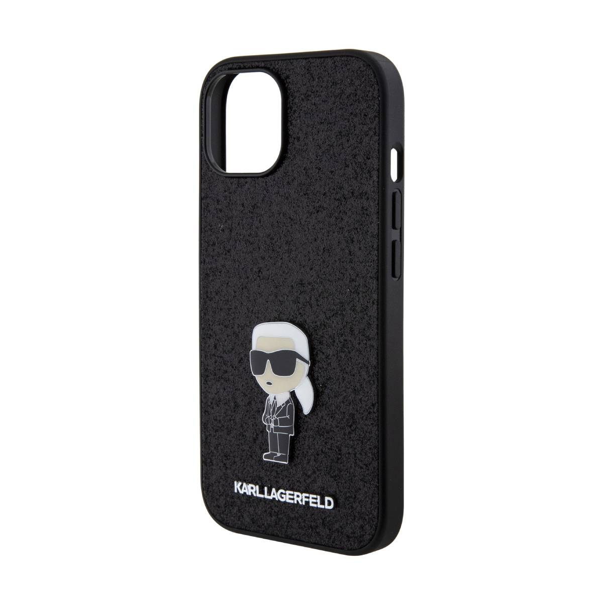 Schwarze Handyhülle mit weißem Karl Lagerfeld Design. Die Hülle hat eine schwarze, strukturierte Optik.
