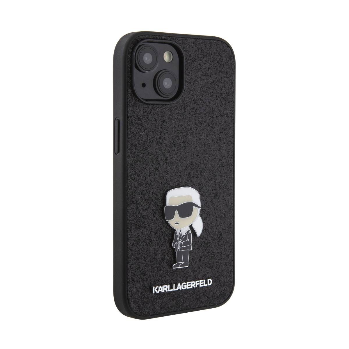 Schwarze Handyhülle mit Karl Lagerfeld-Design, eine Cartoonfigur mit Sonnenbrille auf der Rückseite.