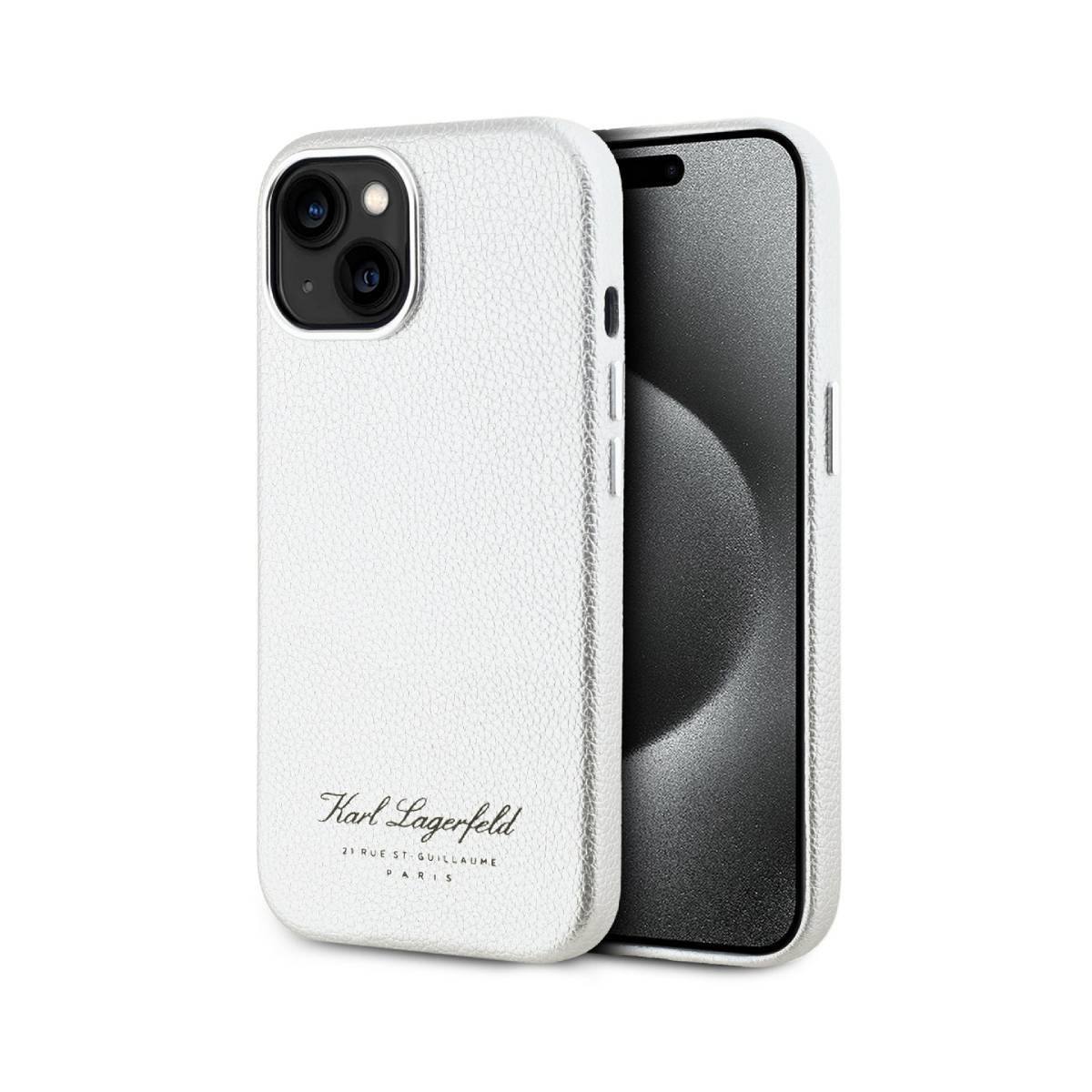 Karl Lagerfeld markalı gümüş telefon kılıfı ve içinde bir telefon. Kılıf dokulu bir yüzeye sahip.