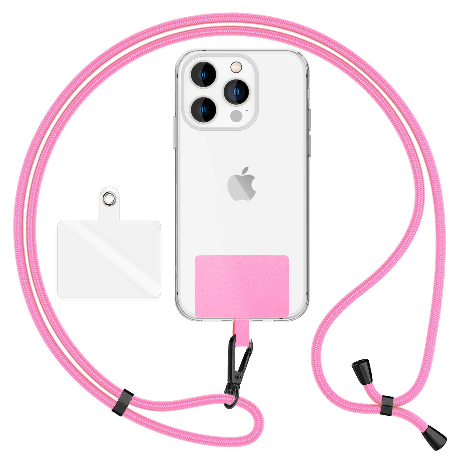 Telefon mit pinkfarbenem Band und transparenter Hülle mit pinkfarbenem Aufnäher. Schwarzer Verschluss.