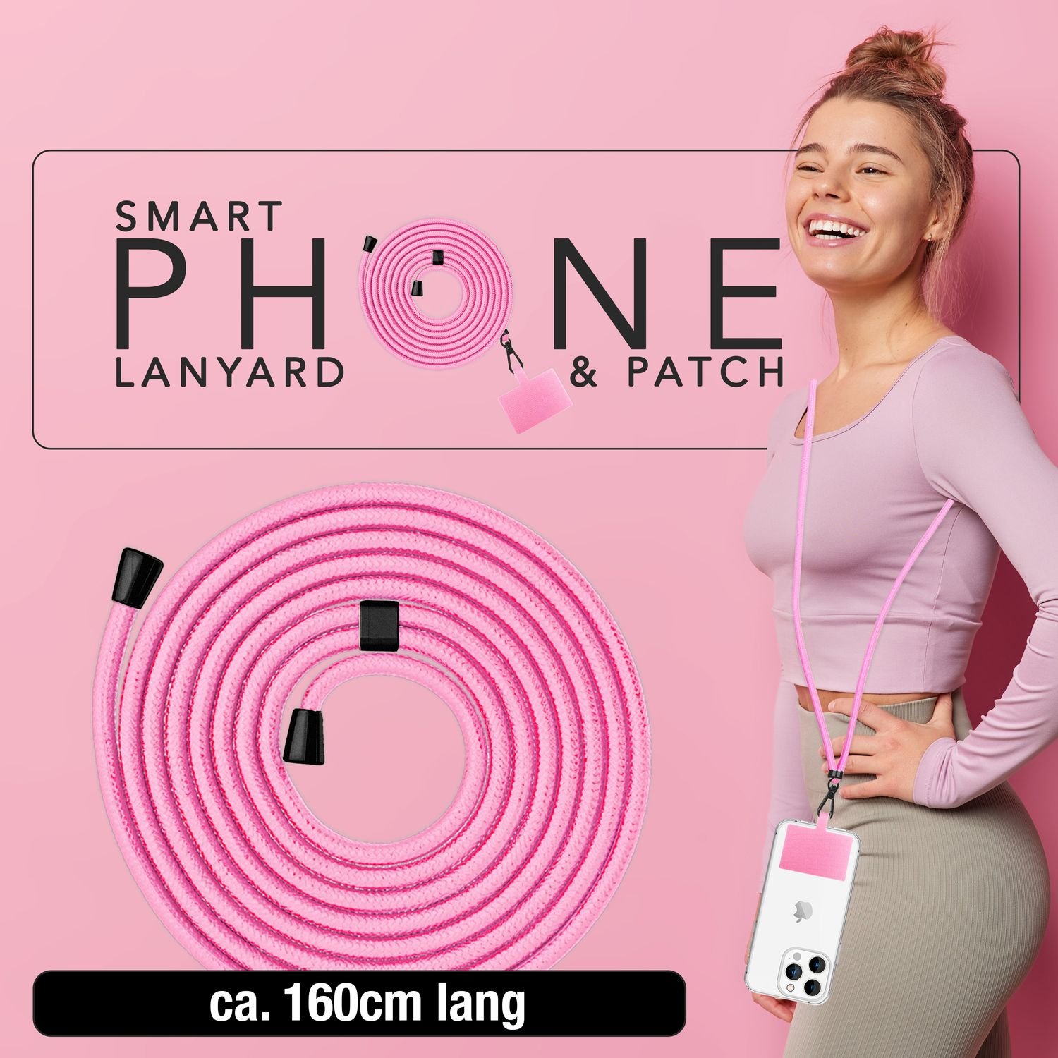 Frau mit pinkfarbenem Schlüsselband für das Telefon. Pinkfarbenes Schlüsselband um den Hals, Telefon befestigt.