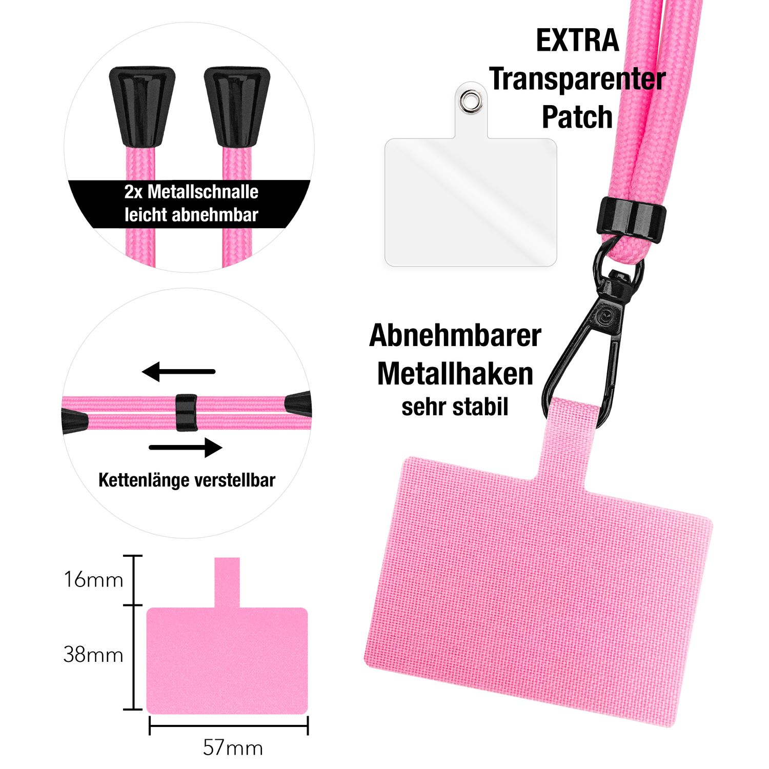 Nahaufnahme von Schlüsselbandteilen: rosa Patch, schwarze Schnallen, klarer Patch und verstellbare Länge.