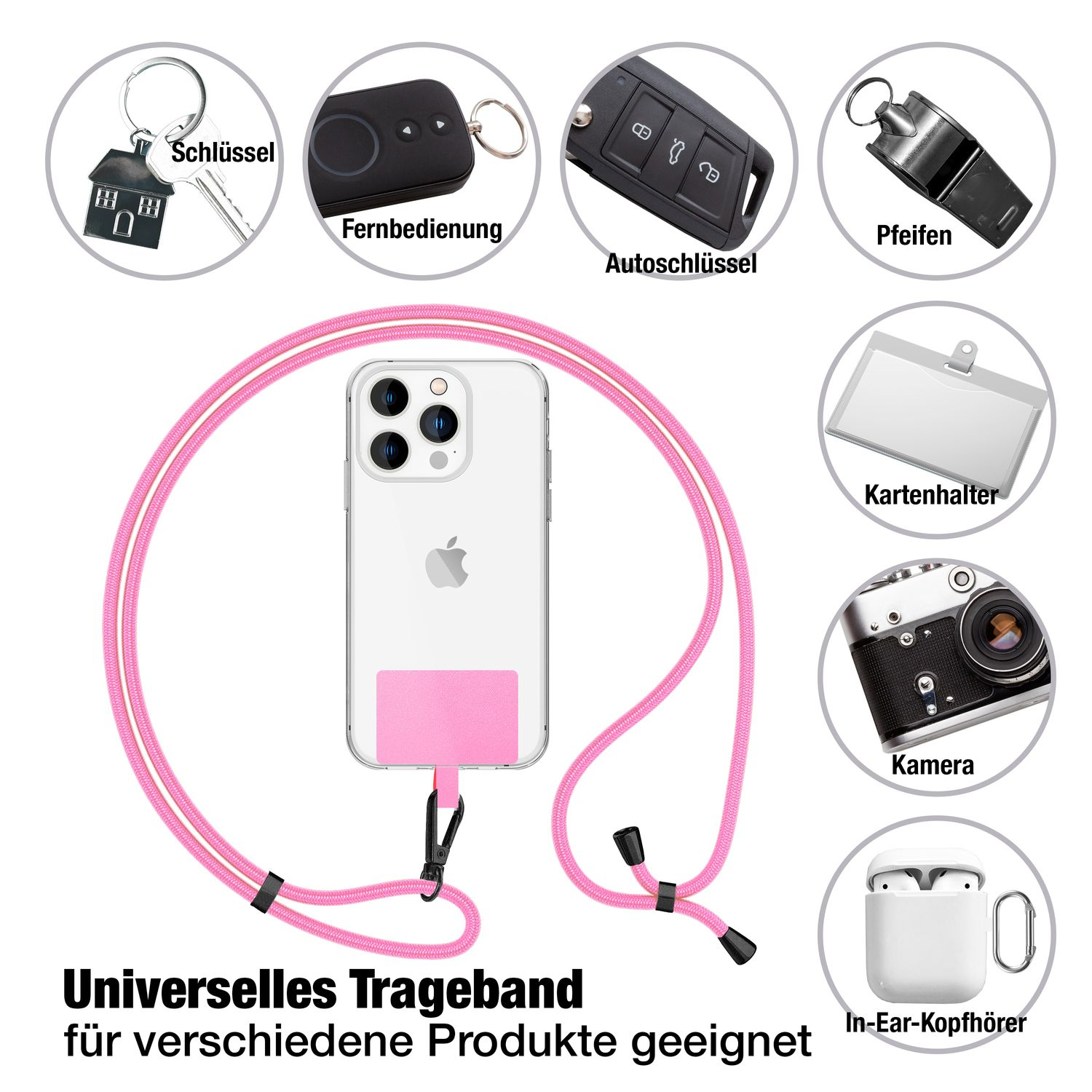 Telefon mit Zubehör: Schlüssel, Fernbedienungen, Autoschlüssel, Pfeife, Kartenhalter, Kamera, Kopfhörer.
