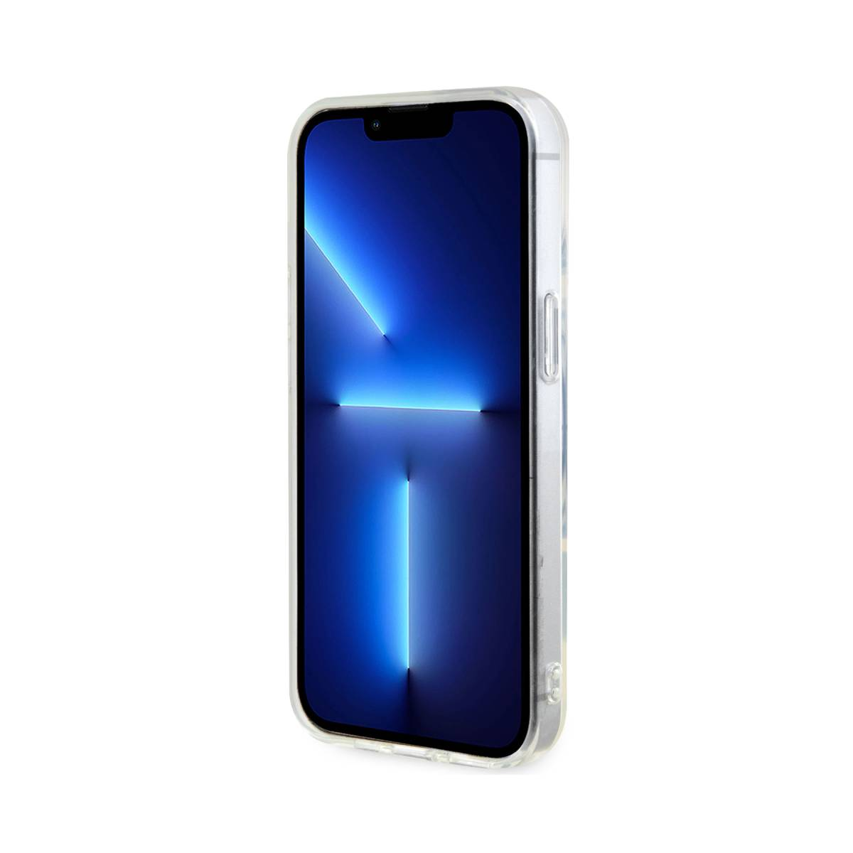 Telefon z przezroczystym etui i niebieskim wyświetlaczem. Etui ma przezroczysty tył i boki.