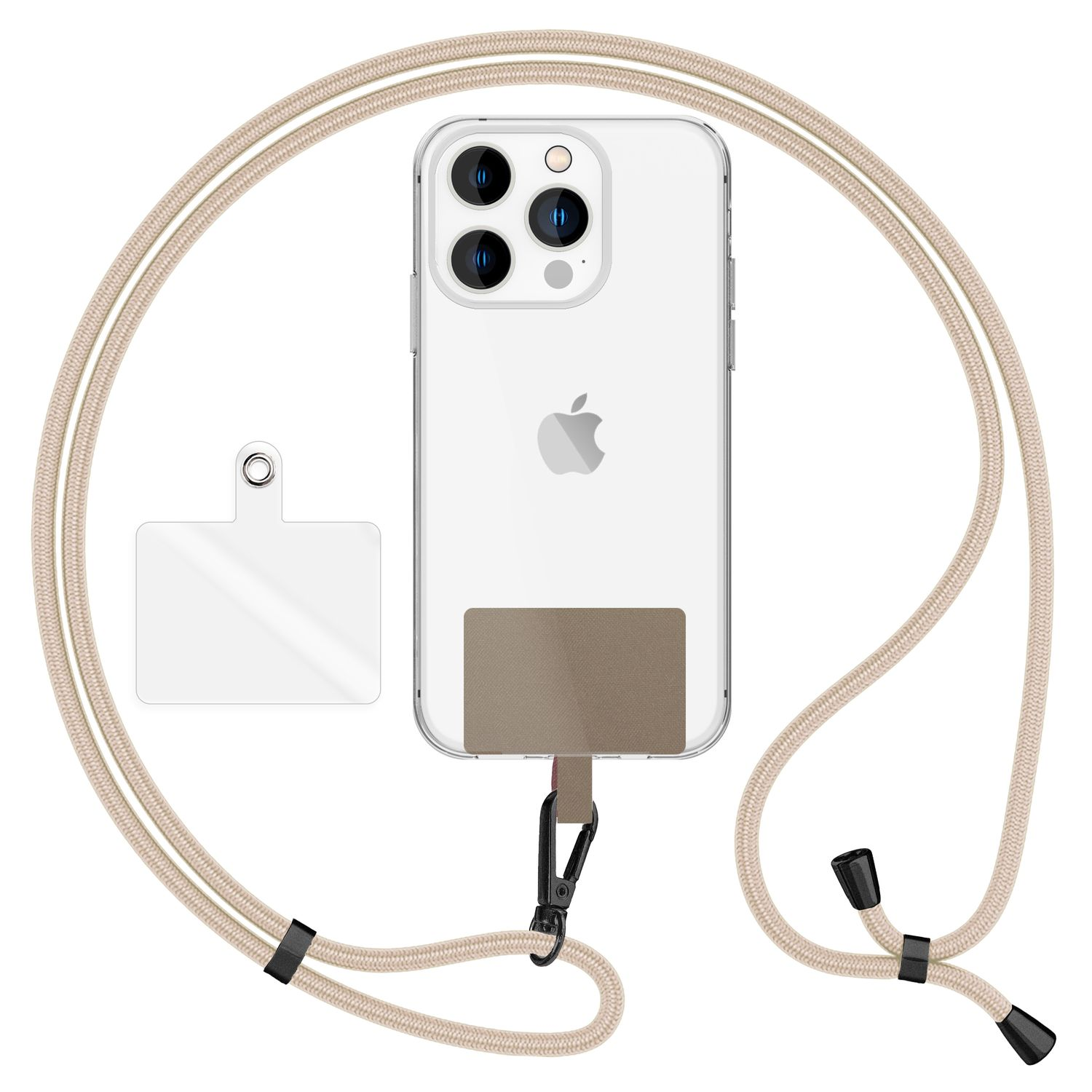 Transparente Handyhülle mit Lanyard. Das Lanyard ist beige und mit einem schwarzen Clip am Telefon befestigt.