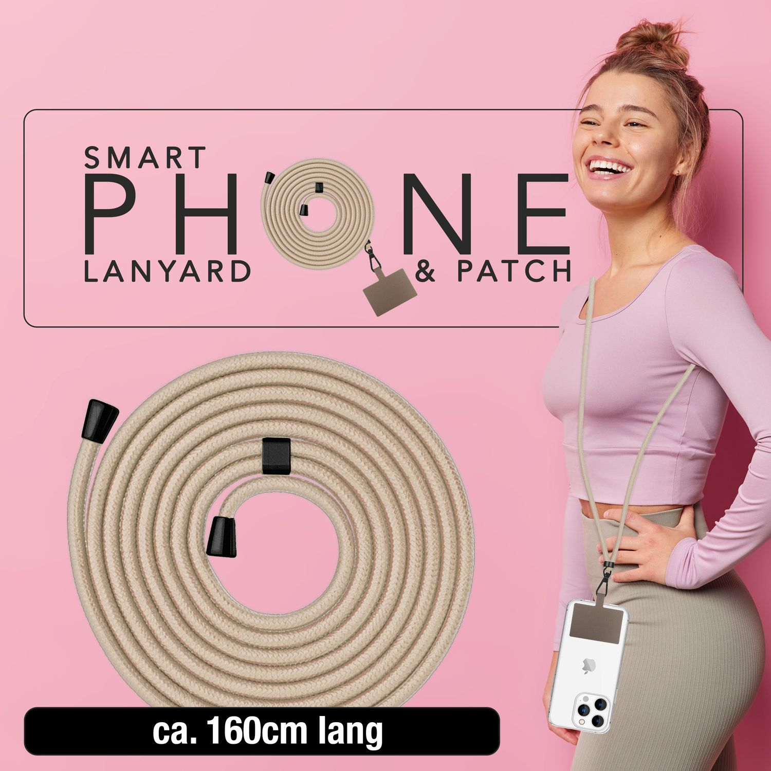 Frau mit Handy-Lanyard. Das Lanyard ist beige, das Telefon ist weiß und der Hintergrund ist pink mit Text.