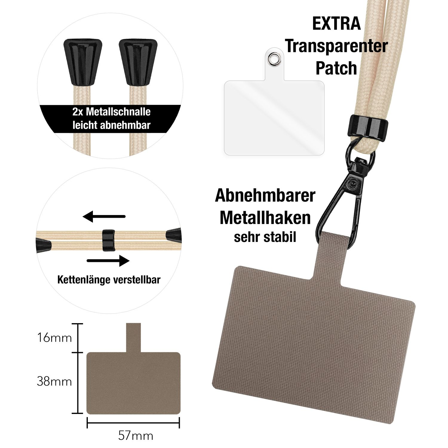 Diagramm von Telefonzubehör. Enthält ein Lanyard, einen transparenten Patch und einen Telefon-Aufsatz.