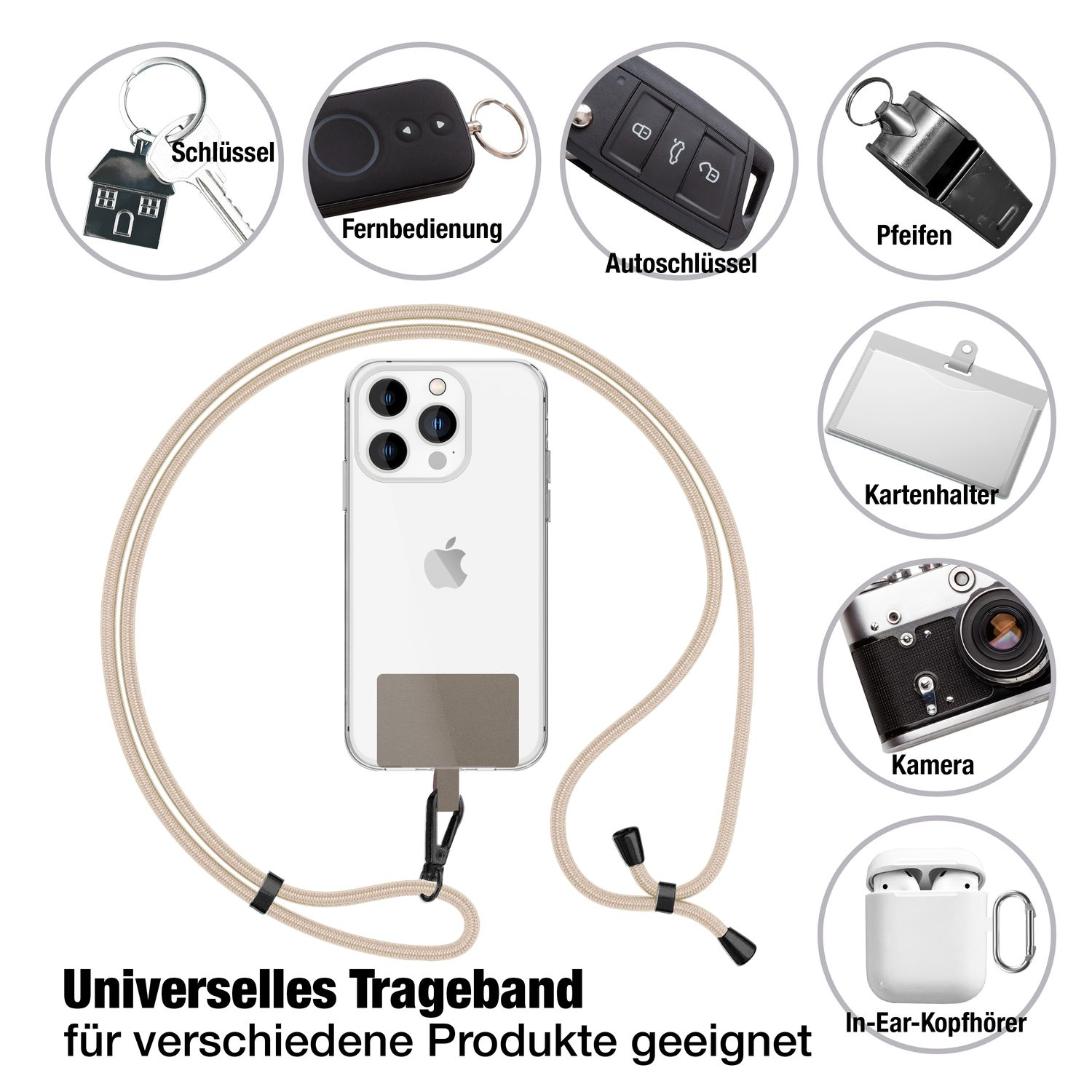 Diagramm, das verschiedene Artikel zeigt, die an einem Handy-Lanyard befestigt werden können. Einschließlich Schlüssel und Kopfhörer.