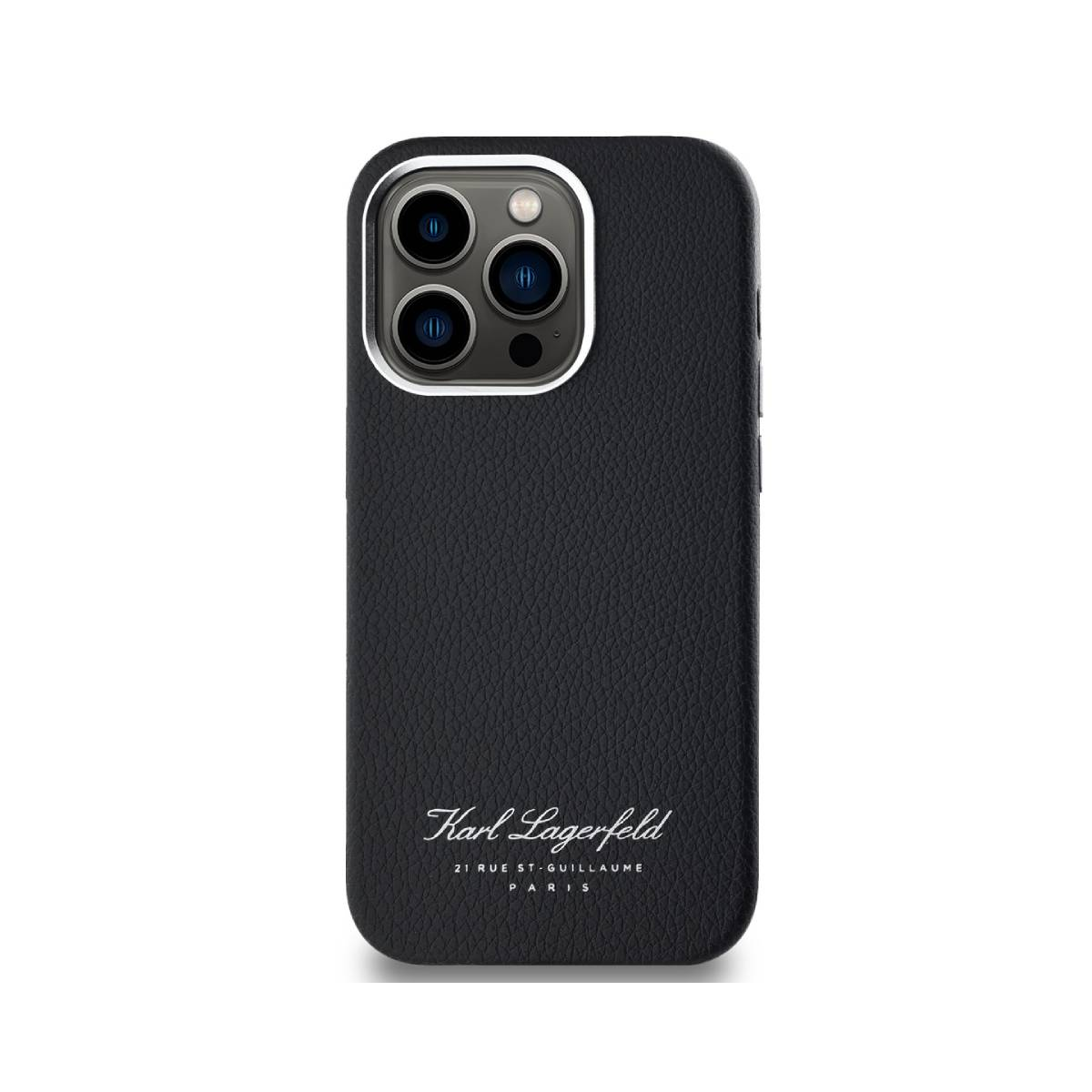 Siyah telefon kılıfı. Kılıf düz, deri dokulu ve Karl Lagerfeld logosu altta.