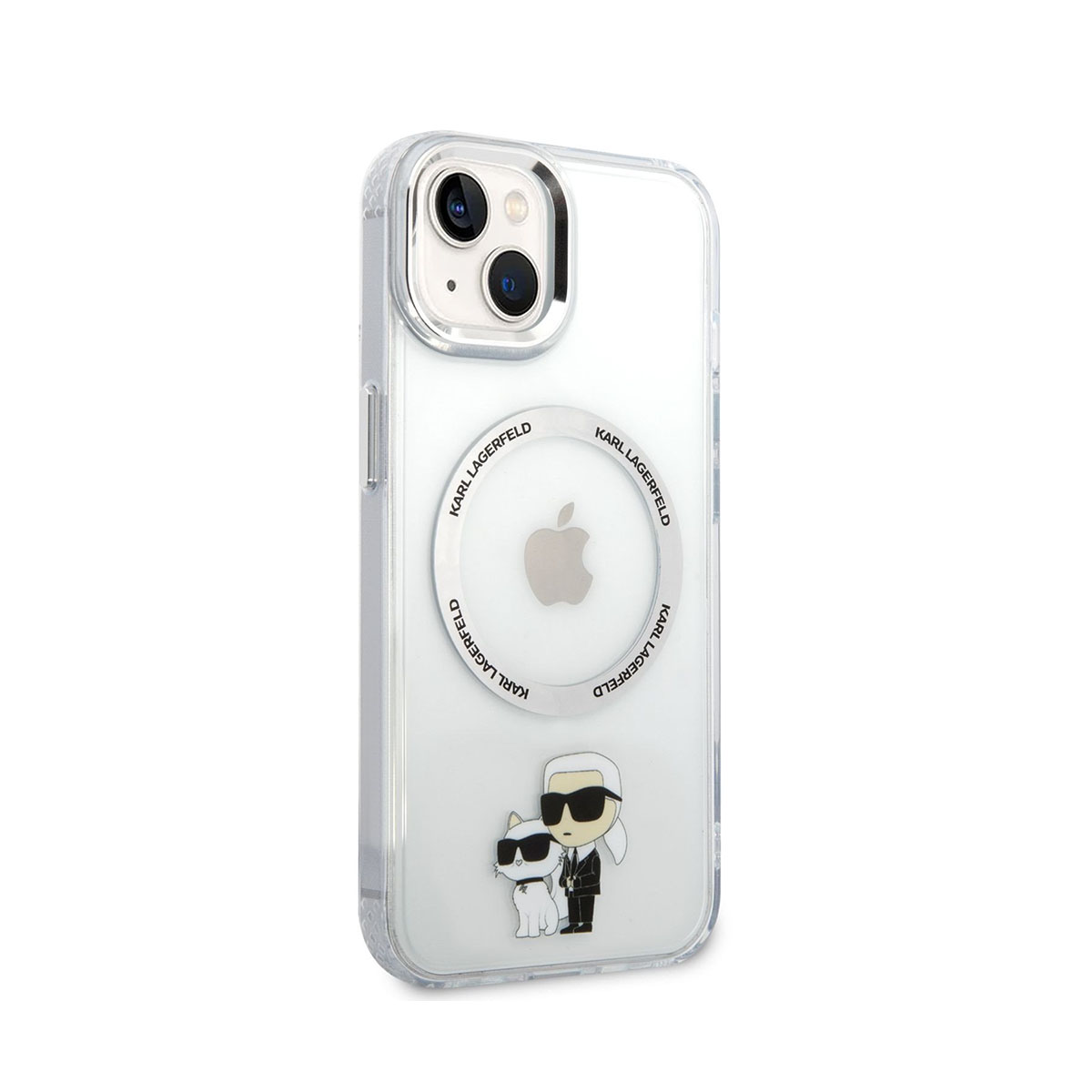 Transparente Handyhülle mit einer Cartoonfigur von Karl Lagerfeld und seiner Katze, Apple-Logo sichtbar.