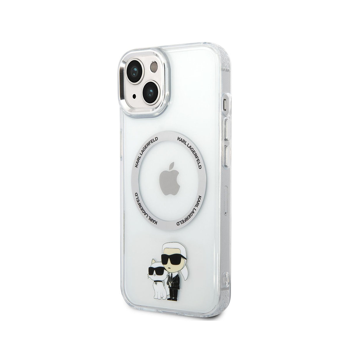Transparente Handyhülle mit Karl Lagerfeld-Design. Karl und Katze hinten, Apple-Logo. Weißer Hintergrund.