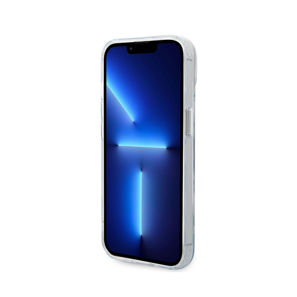 iPhone in transparenter Hülle. Der Bildschirm zeigt ein blau-weißes abstraktes Muster. Weißer Hintergrund.