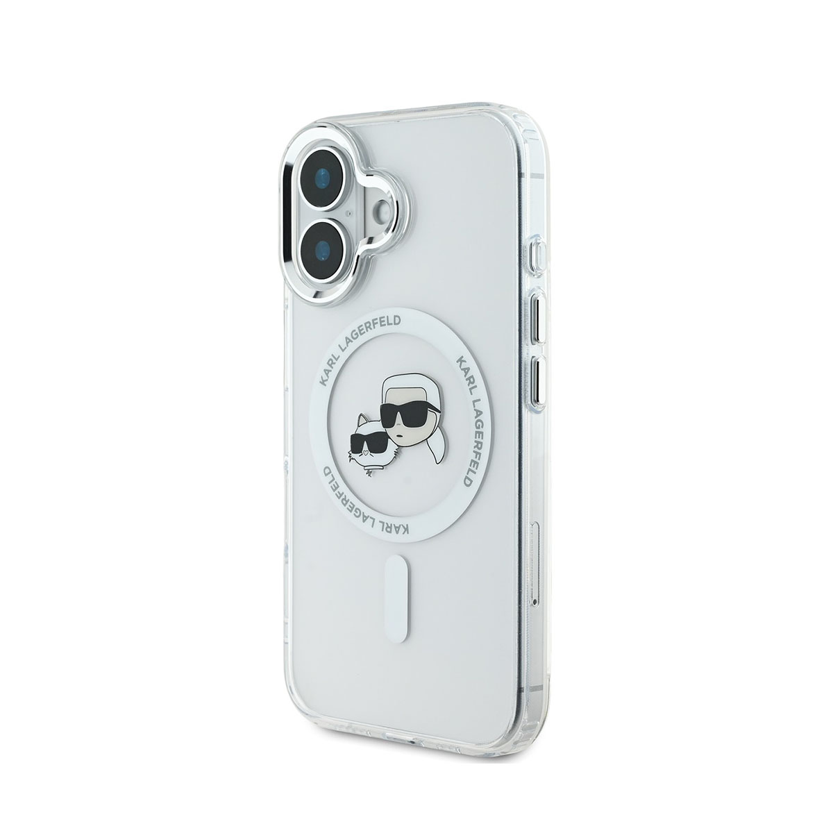 Custodia trasparente con logo Karl Lagerfeld. Sfondo bianco.