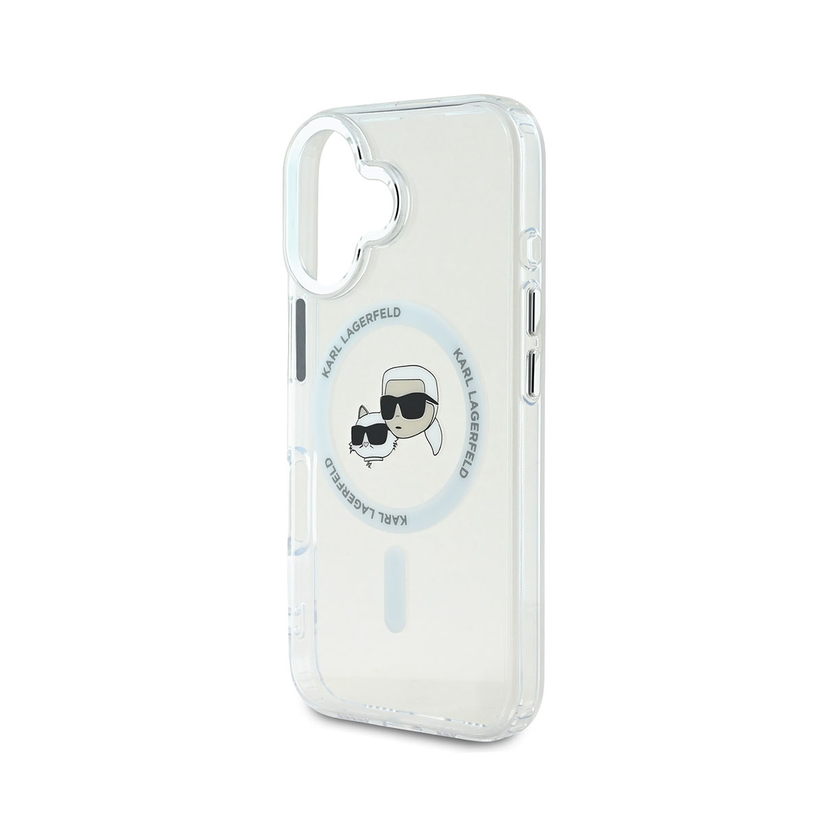 Custodia trasparente con logo Karl Lagerfeld. Sfondo bianco.