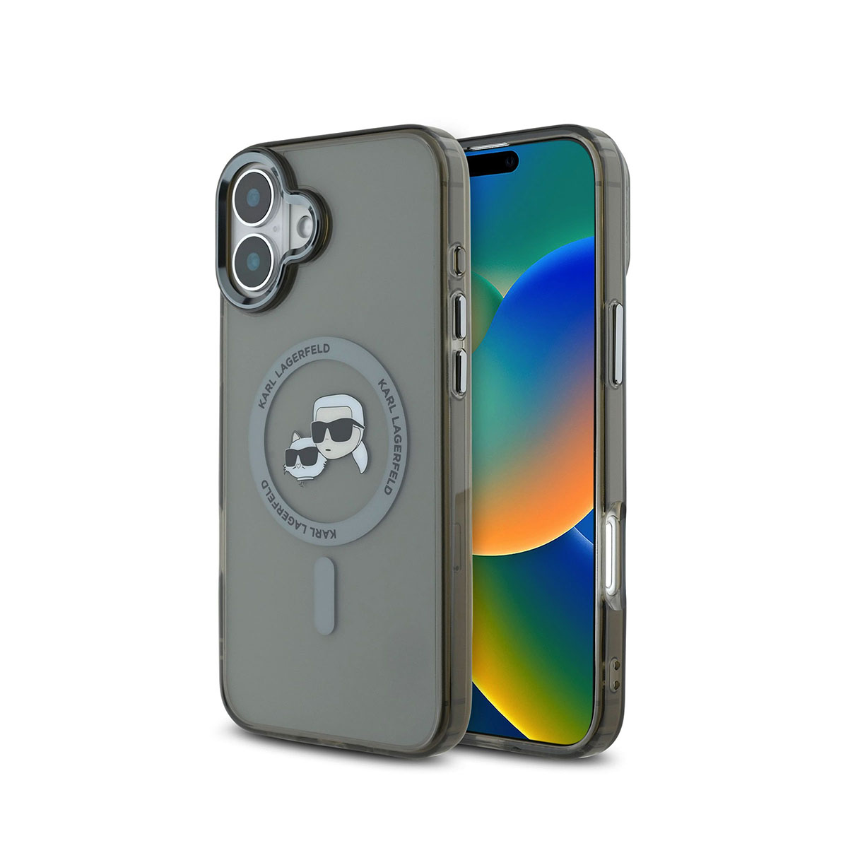 Schwarze Handyhülle mit Karl Lagerfeld Logo und Smartphone, vor weißem Hintergrund.