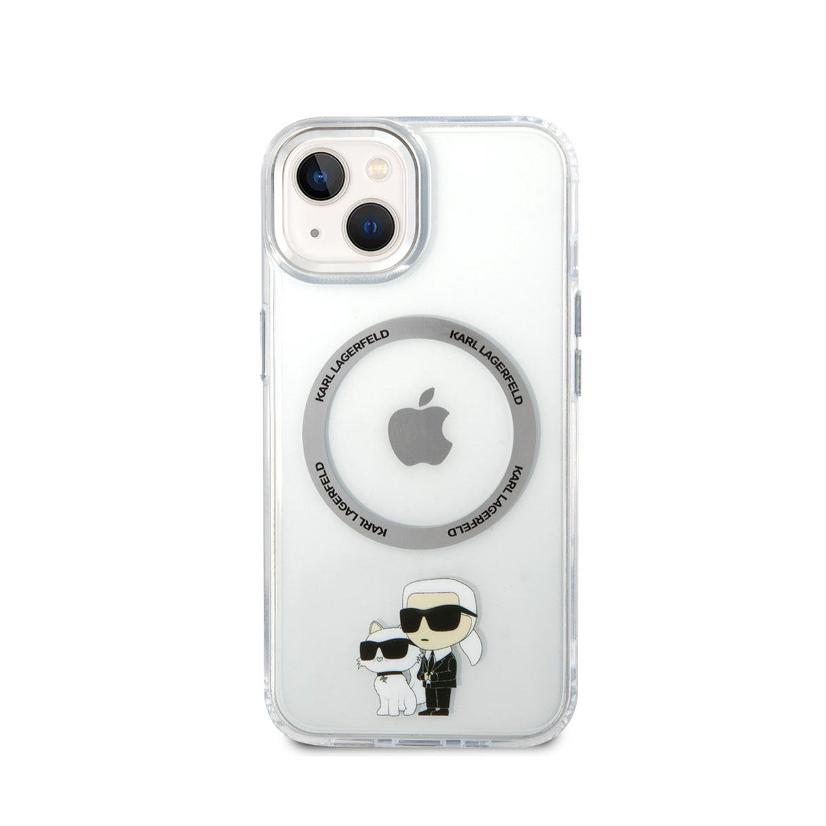 Transparente Handyhülle mit Karl Lagerfeld-Design. Karl und Katze-Grafik innen. Apple-Logo dahinter.