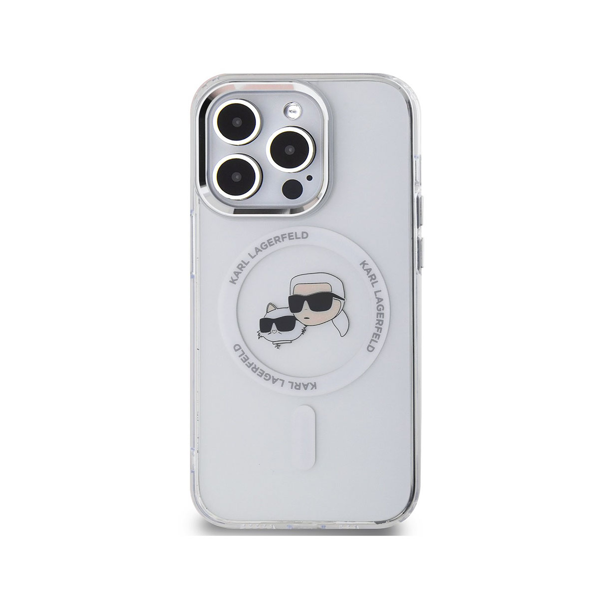 Custodia trasparente con design Karl Lagerfeld. Grafica Karl e gatto all'interno. Logo Apple dietro.