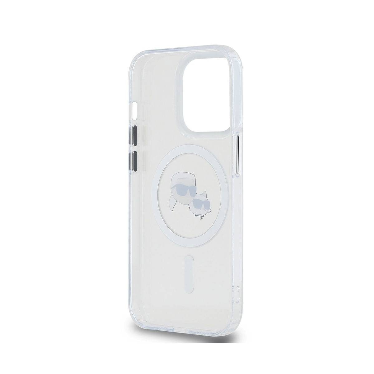 Custodia trasparente con design Karl Lagerfeld. Grafica Karl e gatto all'interno.