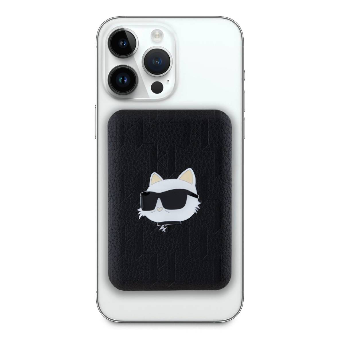 Telefono bianco con accessorio nero attaccato. L'accessorio ha una faccia di gatto dei cartoni animati.