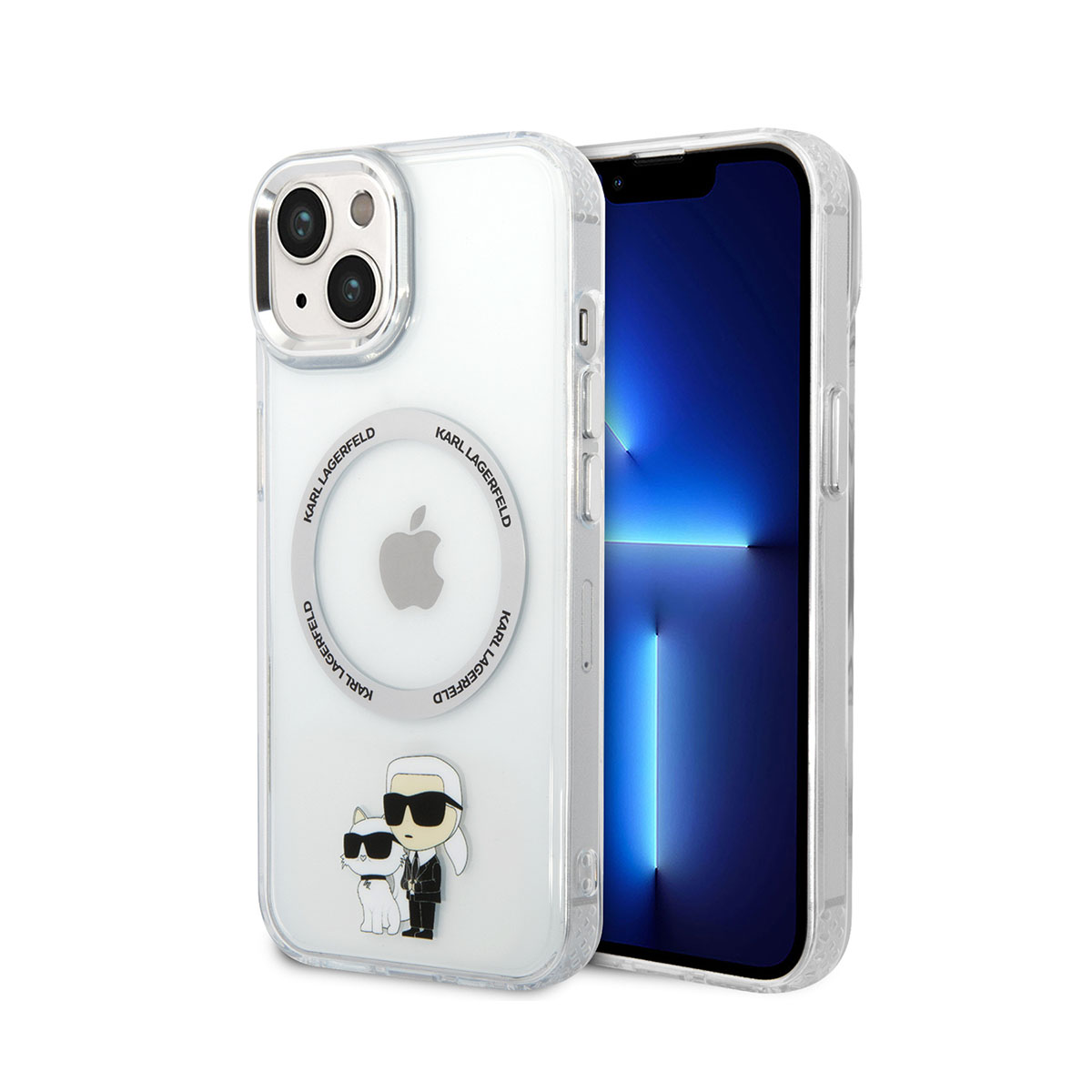 Telefon mit transparenter Hülle. Die Hülle hat ein Logo mit einer Zeichentrickfigur.