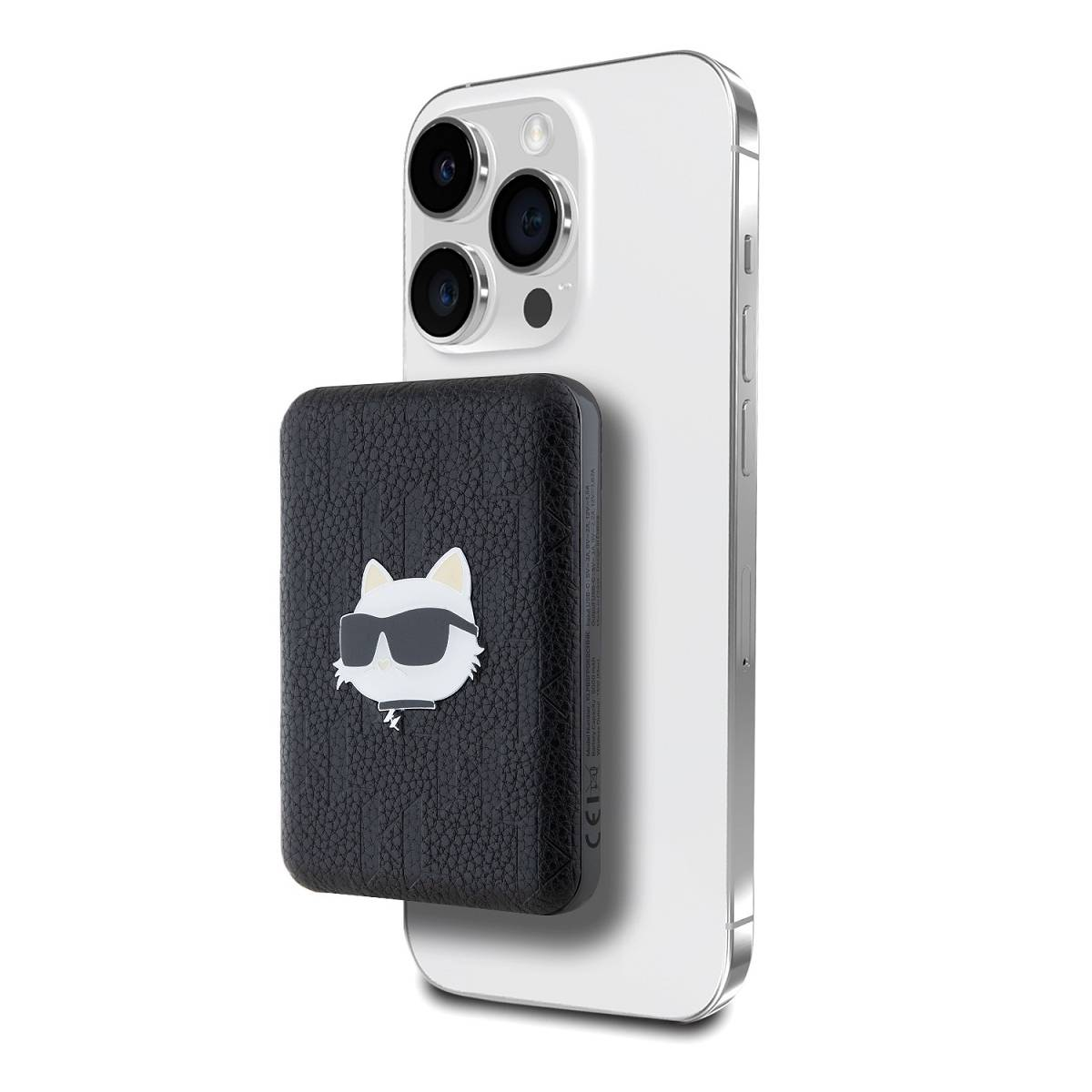 Telefono bianco con power bank nera. Il power bank ha una faccia di gatto dei cartoni animati.