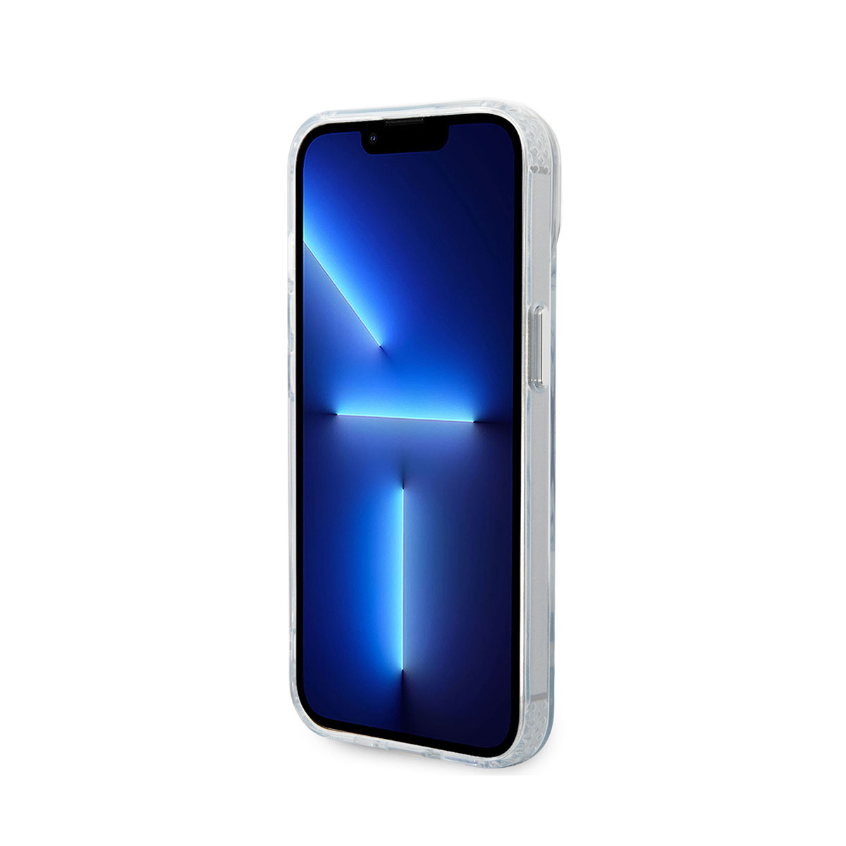 Transparente Handyhülle mit Telefonbildschirm, der blaues Licht zeigt.