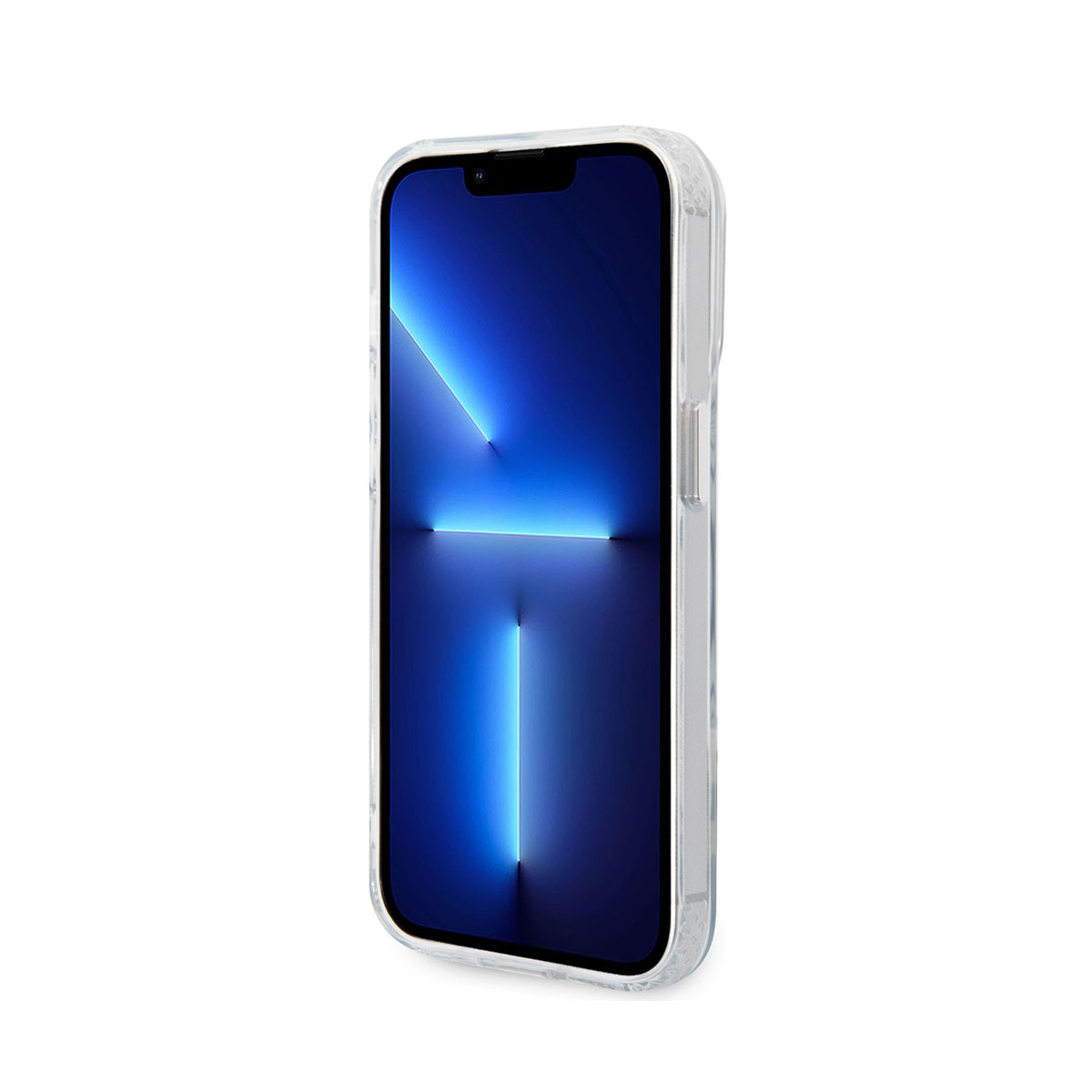 Telefon in transparenter Hülle, zeigt blauen und weißen Farbverlauf.