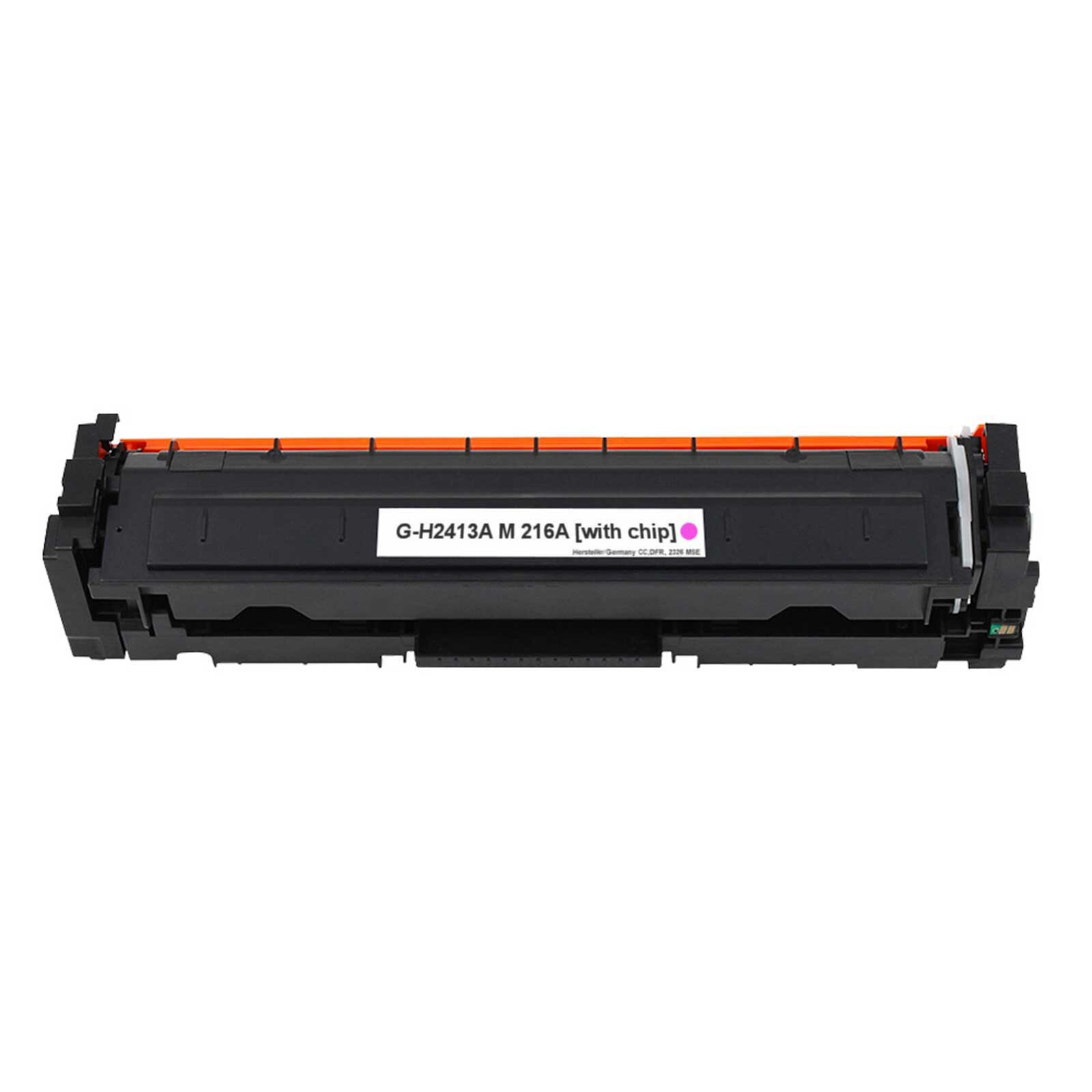 Eine schwarze und orangefarbene Tonerkartusche mit dem Text 'G-H2413A M 216A [mit Chip]'.