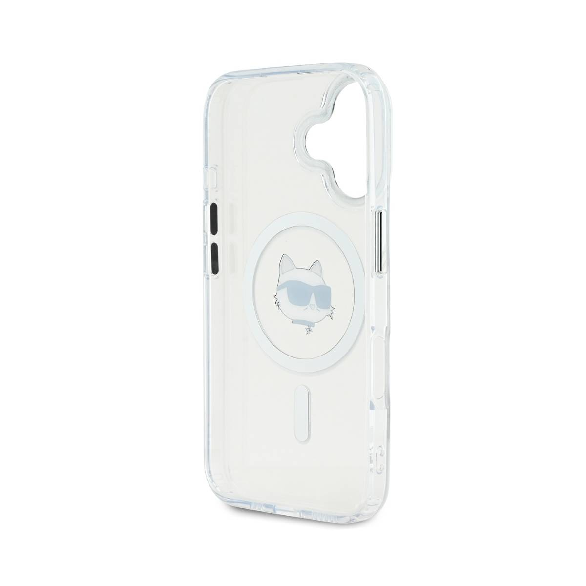 Una custodia trasparente per telefono con un design Karl Lagerfeld raffigurante un gatto con occhiali da sole in un cerchio.