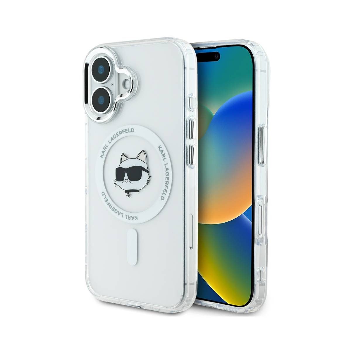 Custodia trasparente con design a gatto e marchio Karl Lagerfeld. Telefono visibile.