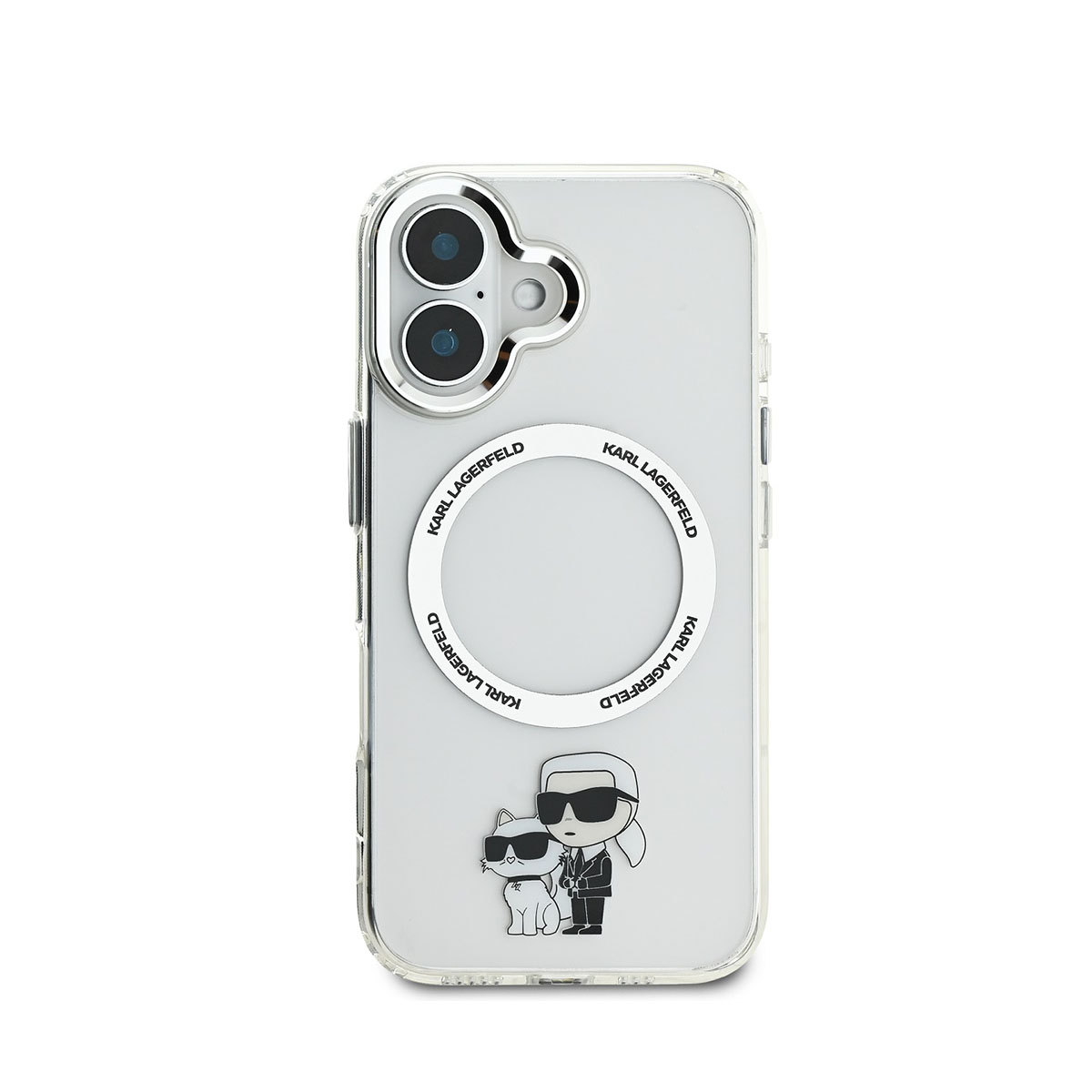 Transparente Handyhülle mit Karl Lagerfeld Design und Katze. Telefon ist sichtbar.